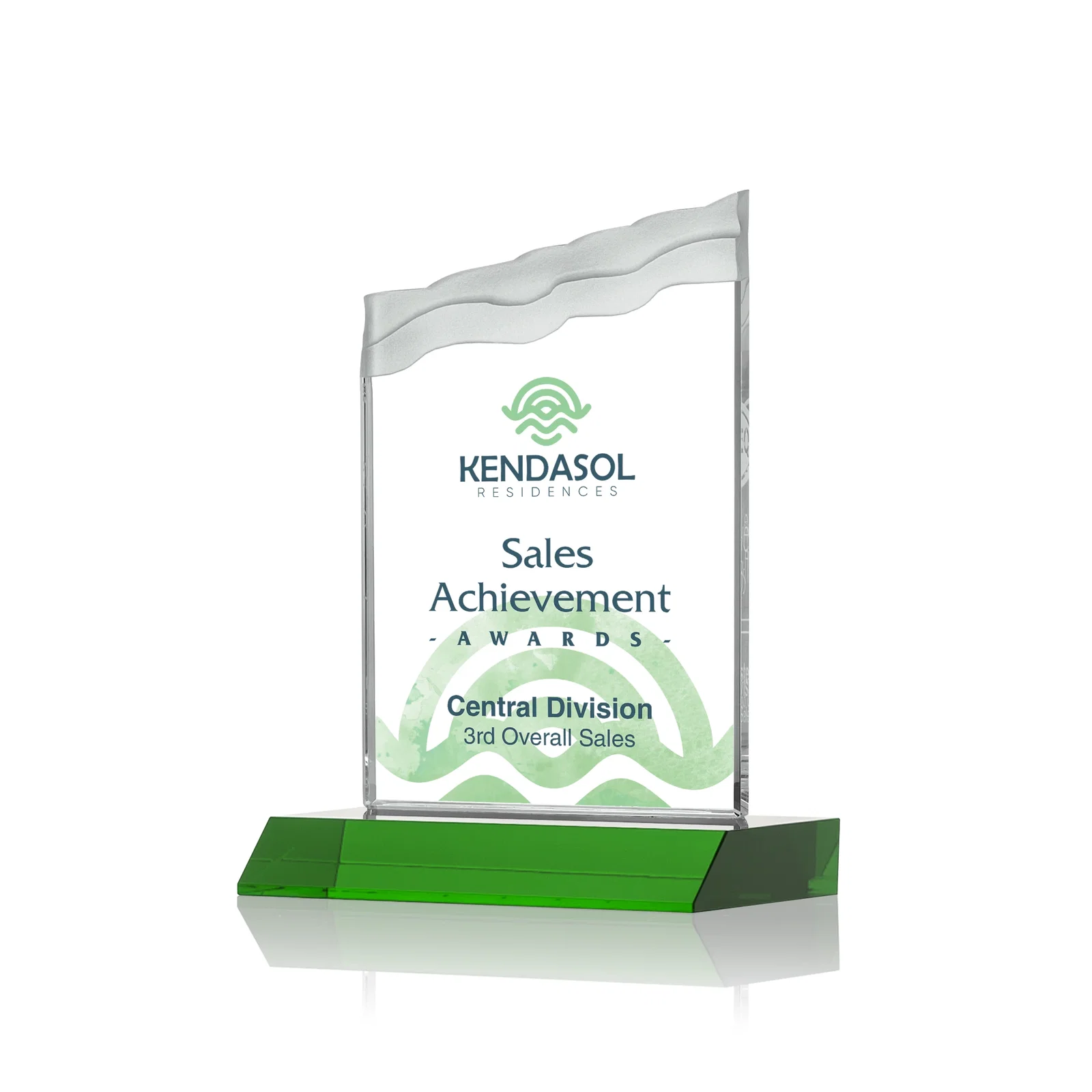 Branded Starfire Crystal Award with Carved Waterfall Top, Black Mitered Base, awards for team milestone celebrations
