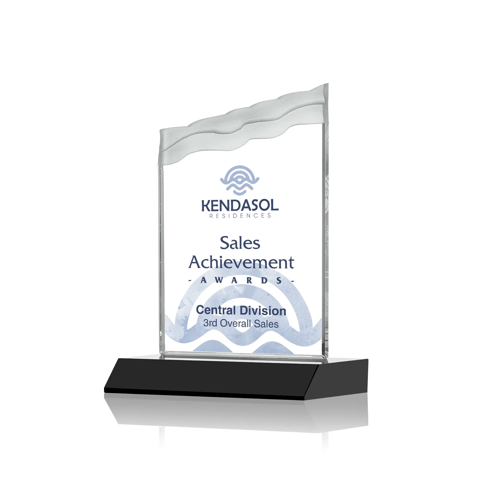 Branded Starfire Crystal Award with Carved Waterfall Top, Black Mitered Base, awards for volunteer appreciation