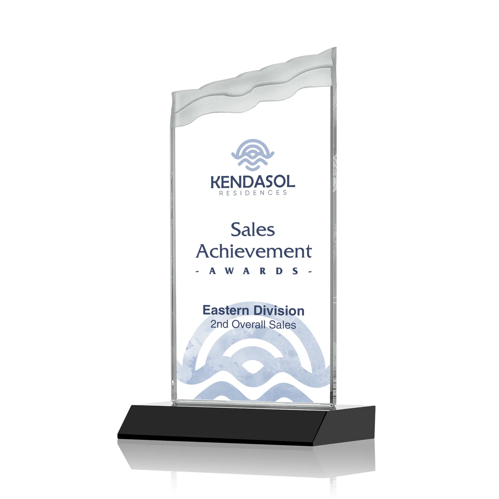 Branded Starfire Crystal Award with Carved Waterfall Top, Black Mitered Base, awards for dealer and partner awards