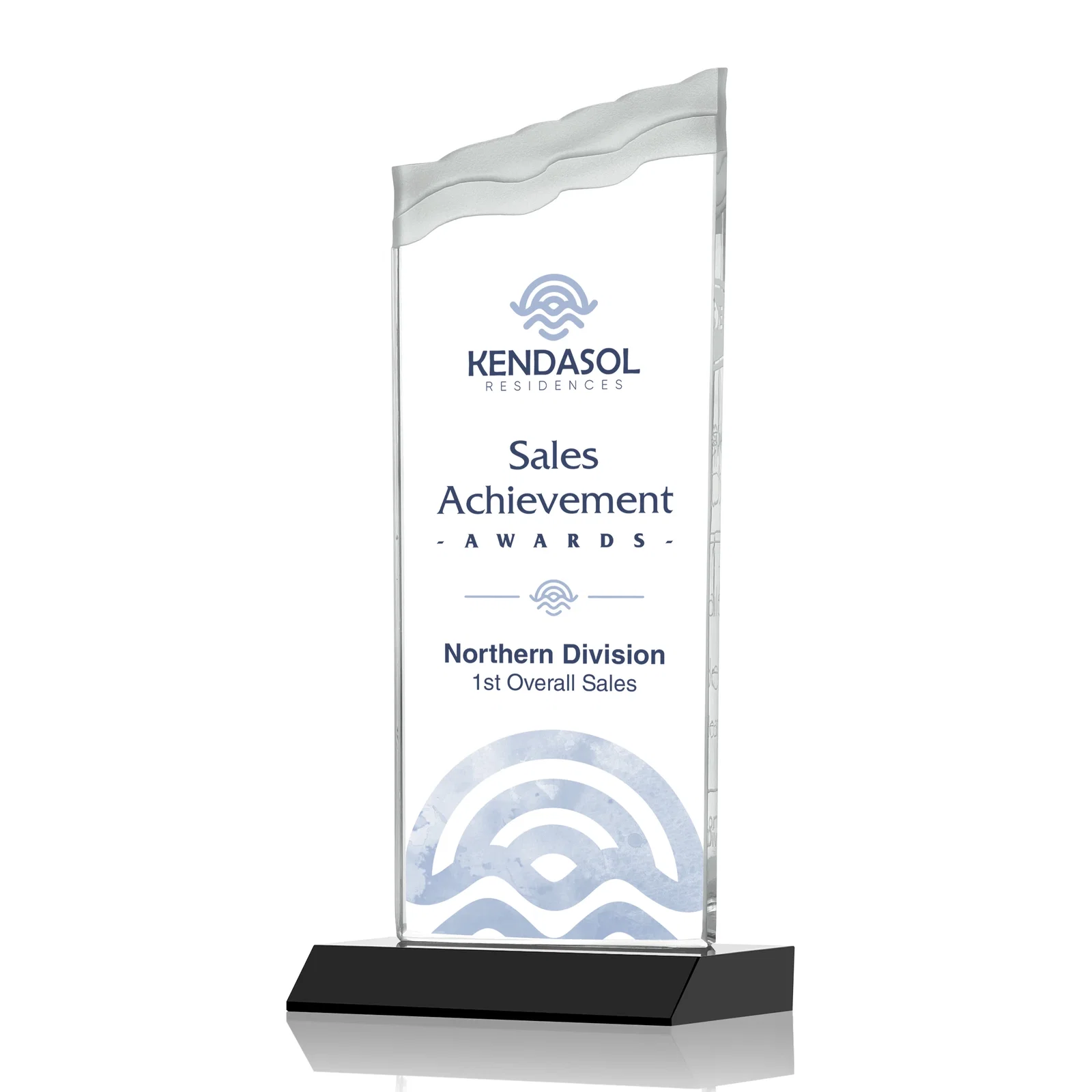 Branded Starfire Crystal Award with Carved Waterfall Top, Black Mitered Base, awards for company anniversary events