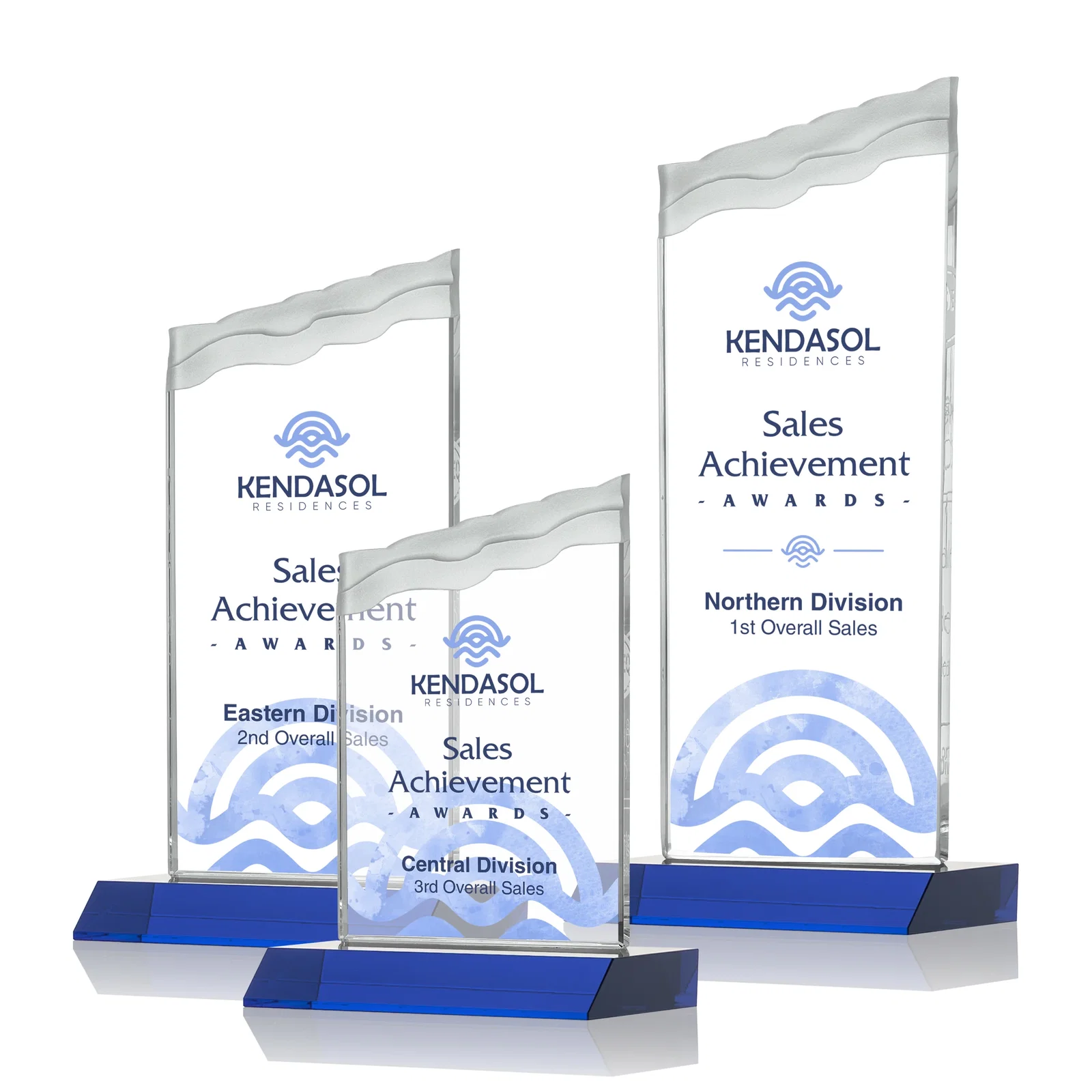 Custom printed Starfire Crystal Award with Carved Waterfall Top, Black Mitered Base, awards for employee recognition