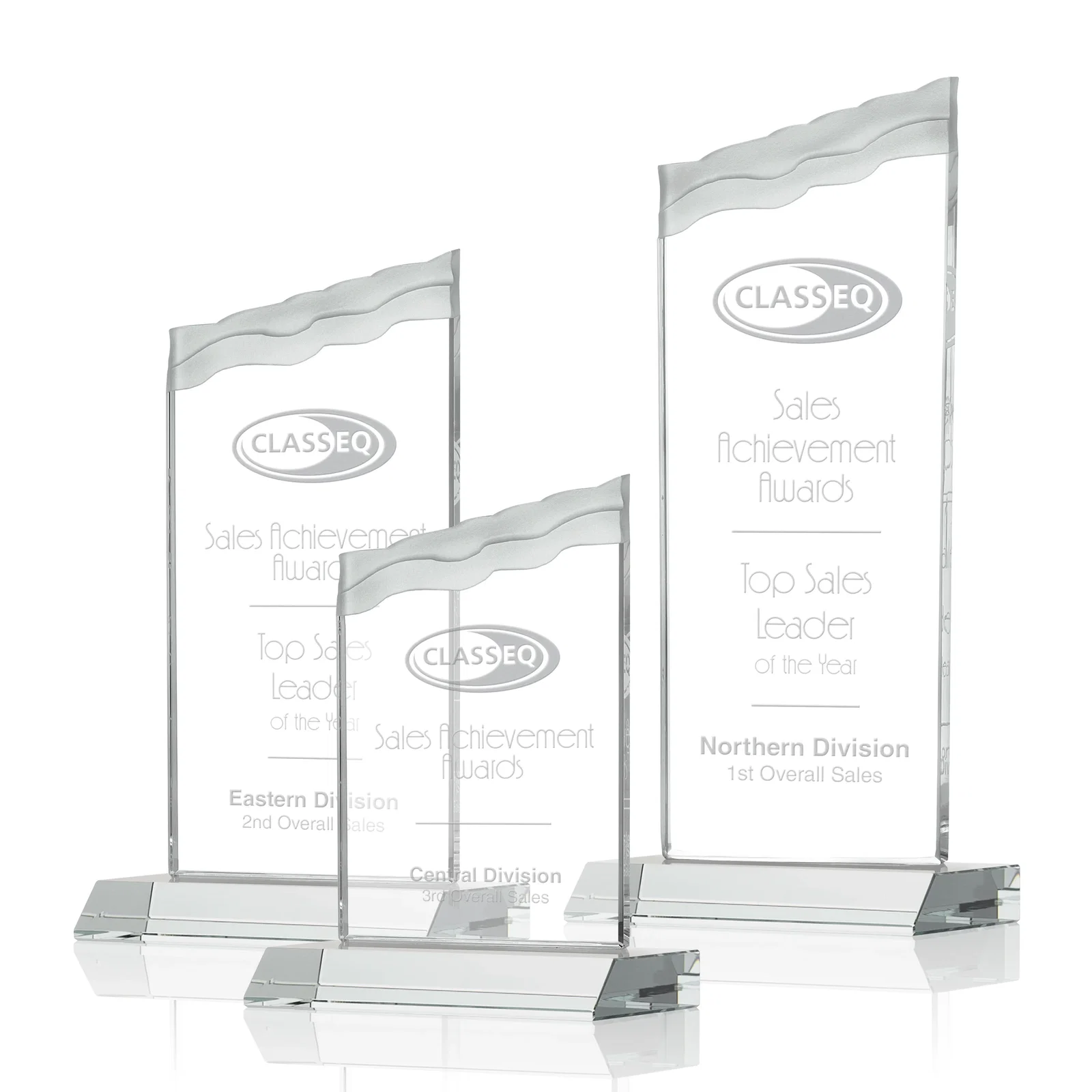 Custom Starfire Crystal Award with Carved Waterfall Top, Black Mitered Base, awards for retirement presentations