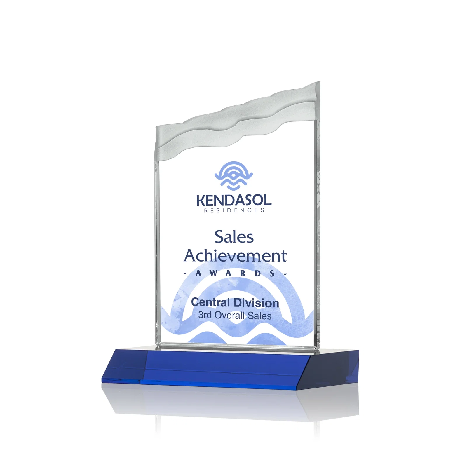 Custom printed Starfire Crystal Award with Carved Waterfall Top, Black Mitered Base, awards for corporate award ceremonies