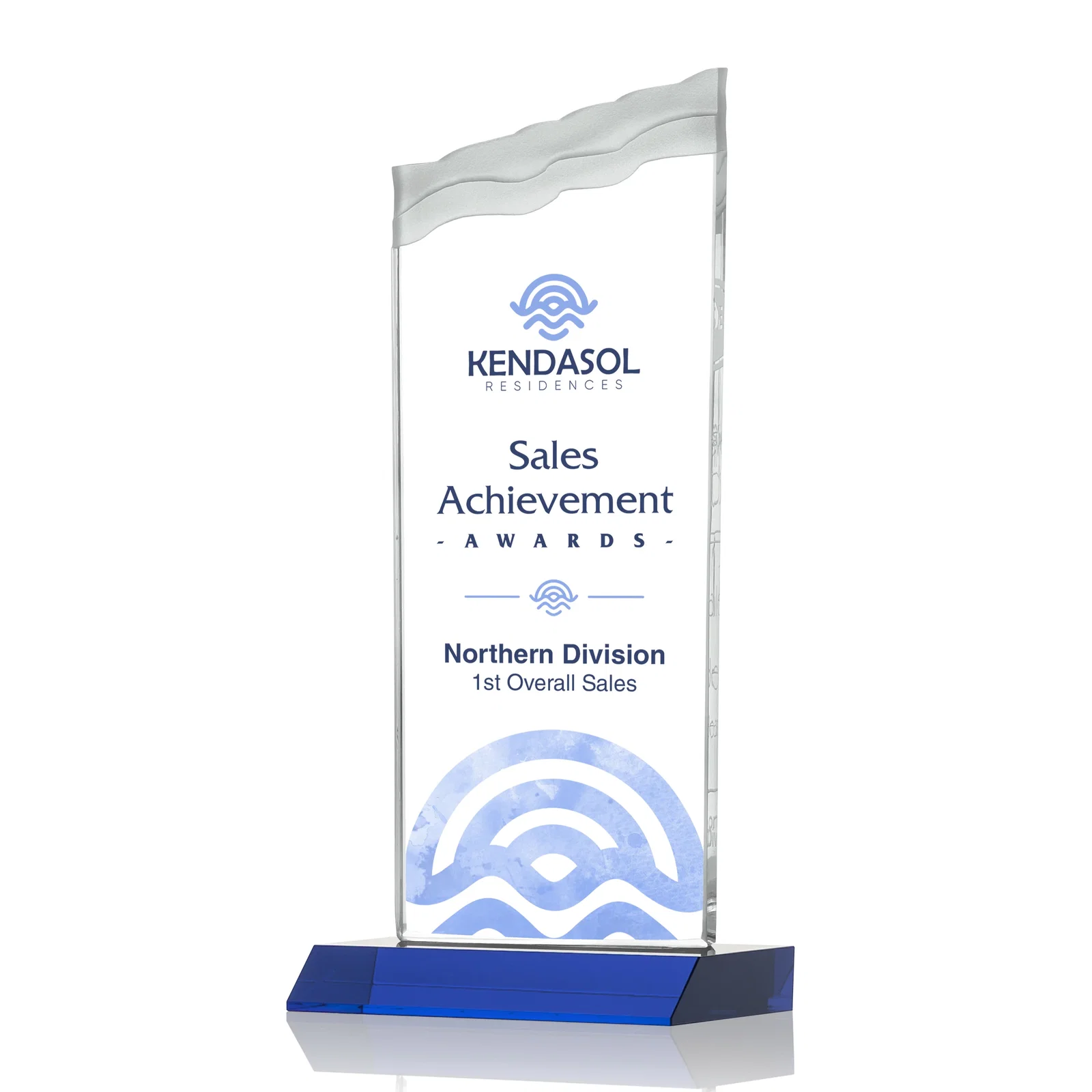 Custom printed Starfire Crystal Award with Carved Waterfall Top, Black Mitered Base, awards for sales achievement awards