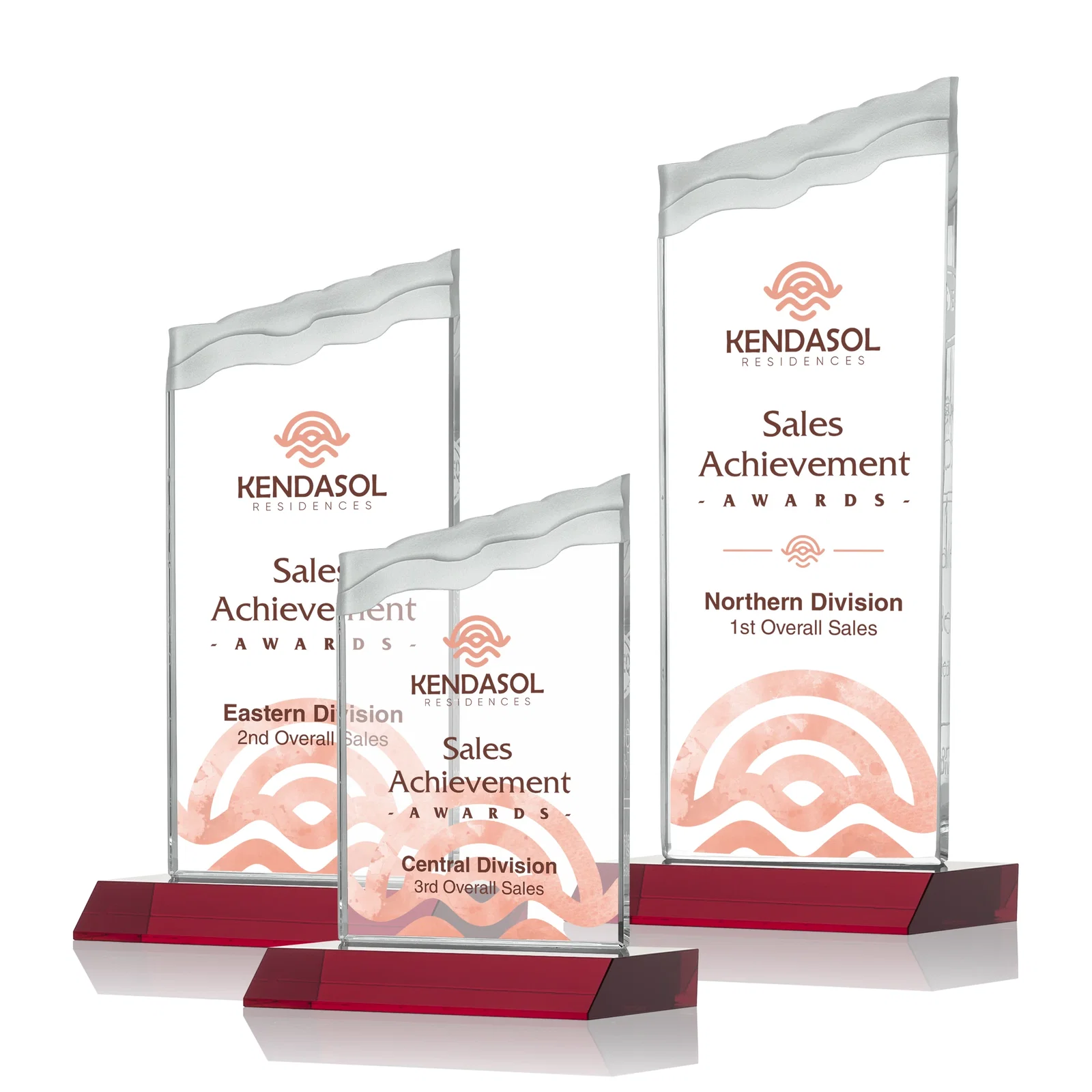 Custom printed Starfire Crystal Award with Carved Waterfall Top, Black Mitered Base, awards for retirement presentations