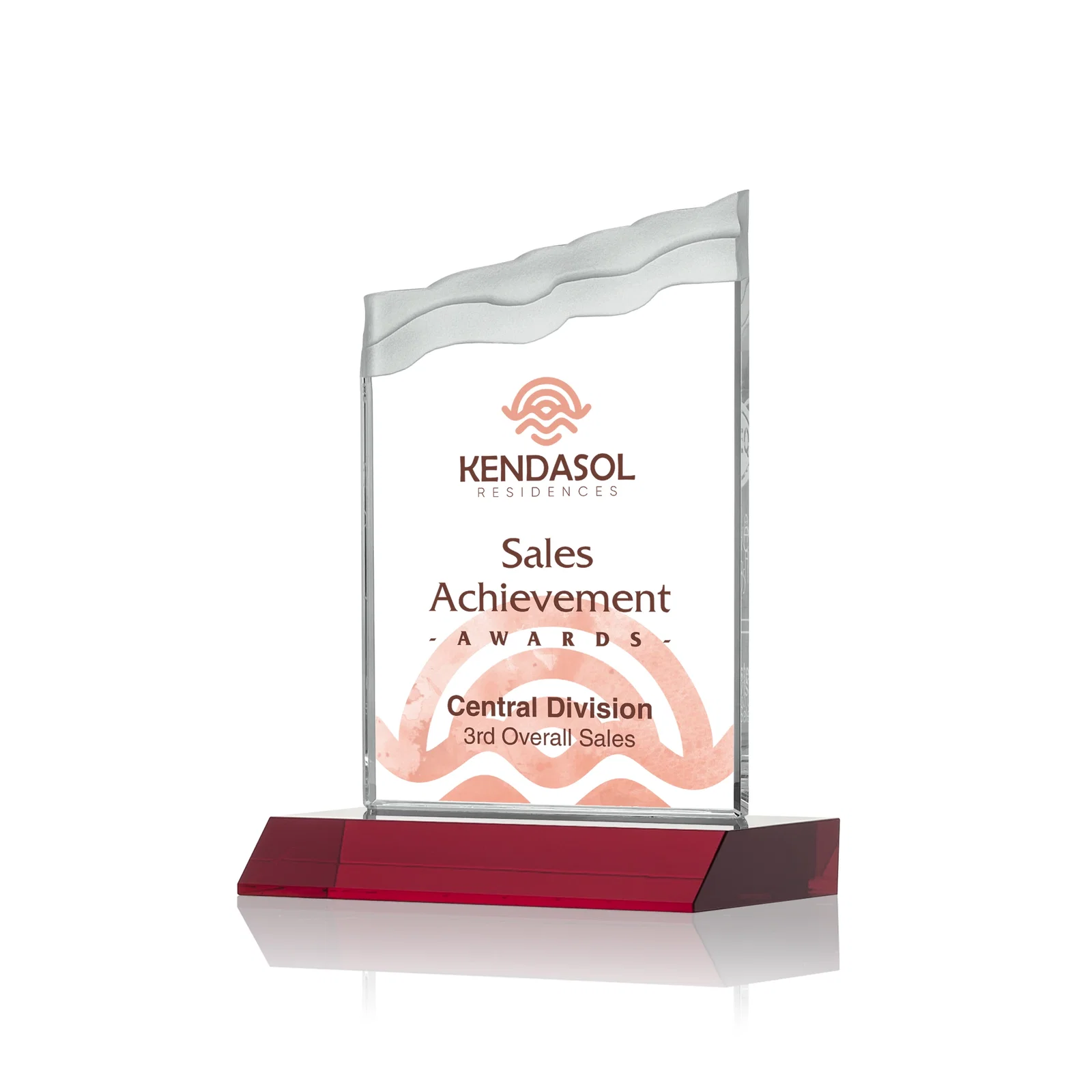 Custom printed Starfire Crystal Award with Carved Waterfall Top, Black Mitered Base, awards for team milestone celebrations
