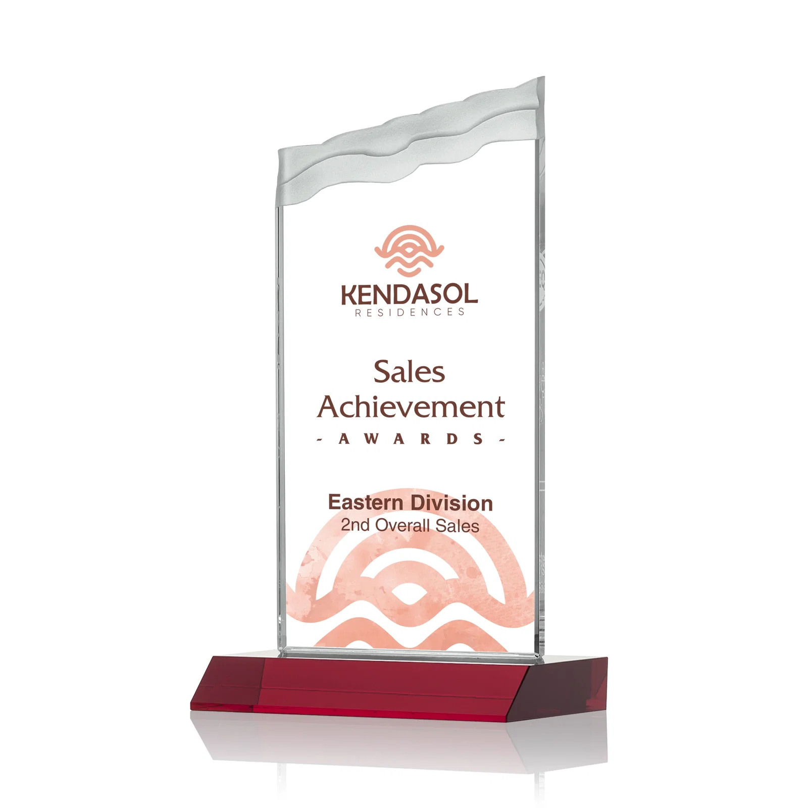 Custom printed Starfire Crystal Award with Carved Waterfall Top, Black Mitered Base, awards for donor appreciation