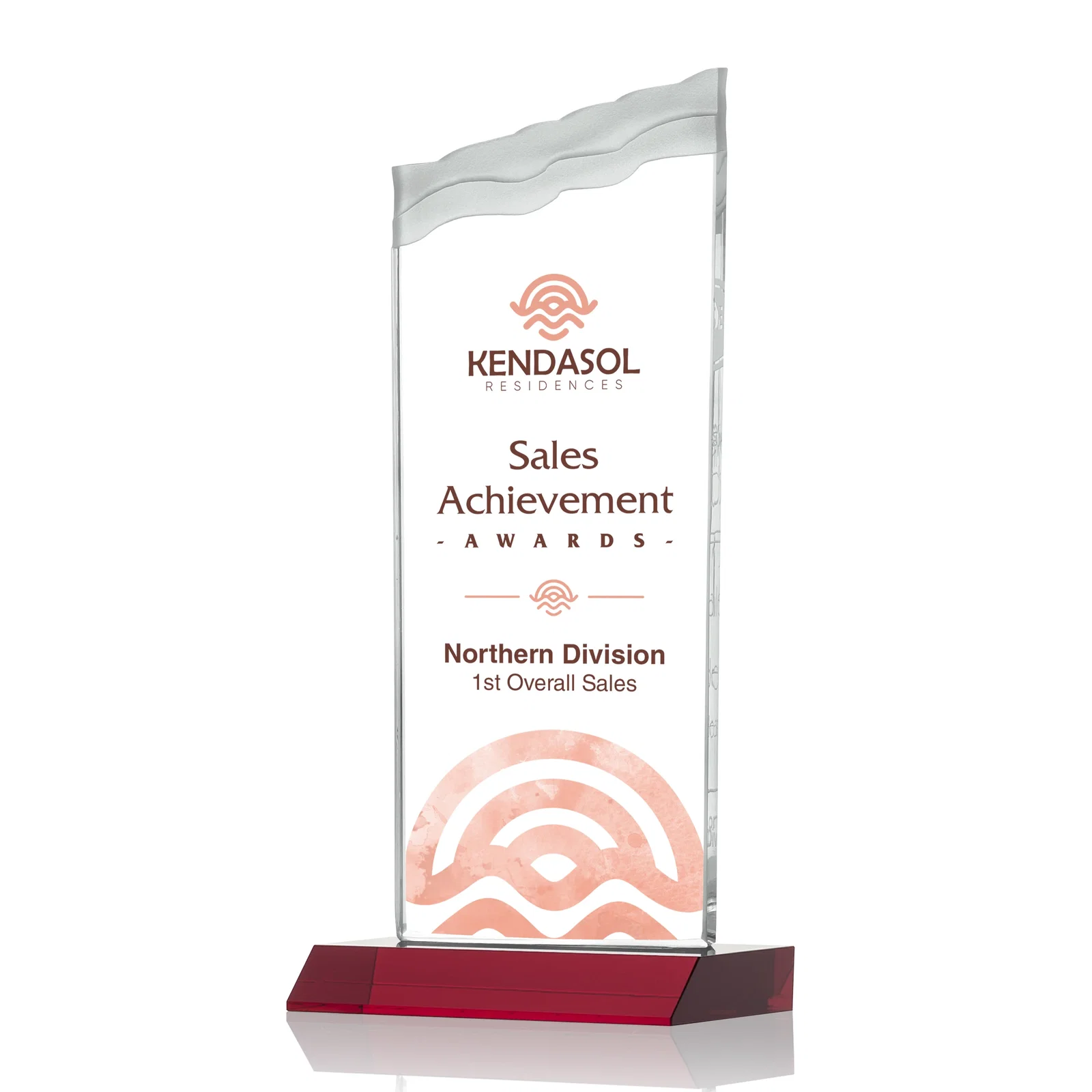Custom printed Starfire Crystal Award with Carved Waterfall Top, Black Mitered Base, awards for graduation ceremonies