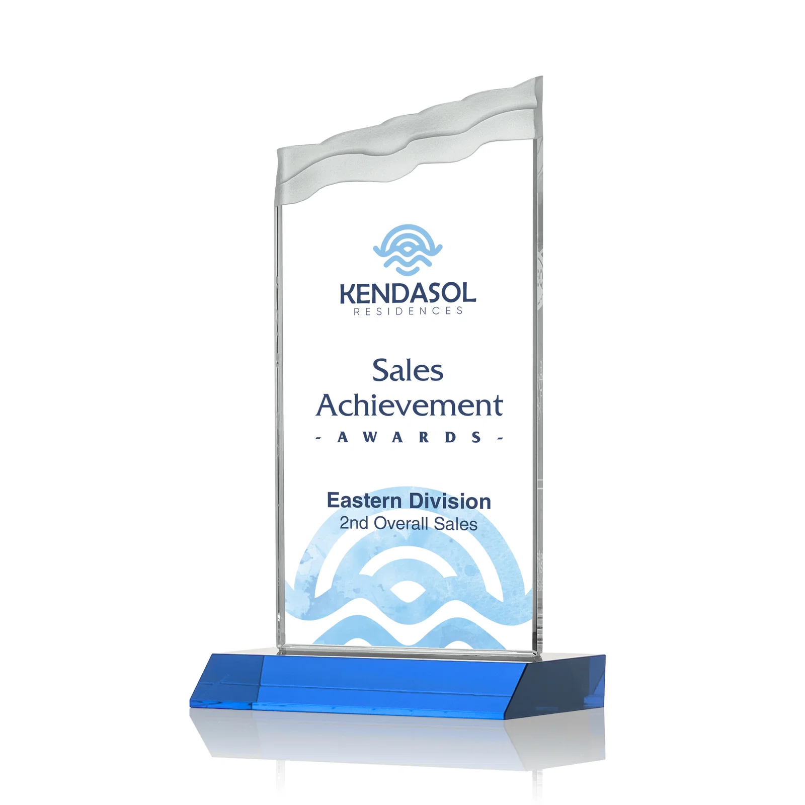 Custom printed Starfire Crystal Award with Carved Waterfall Top, Black Mitered Base, awards for dealer and partner awards