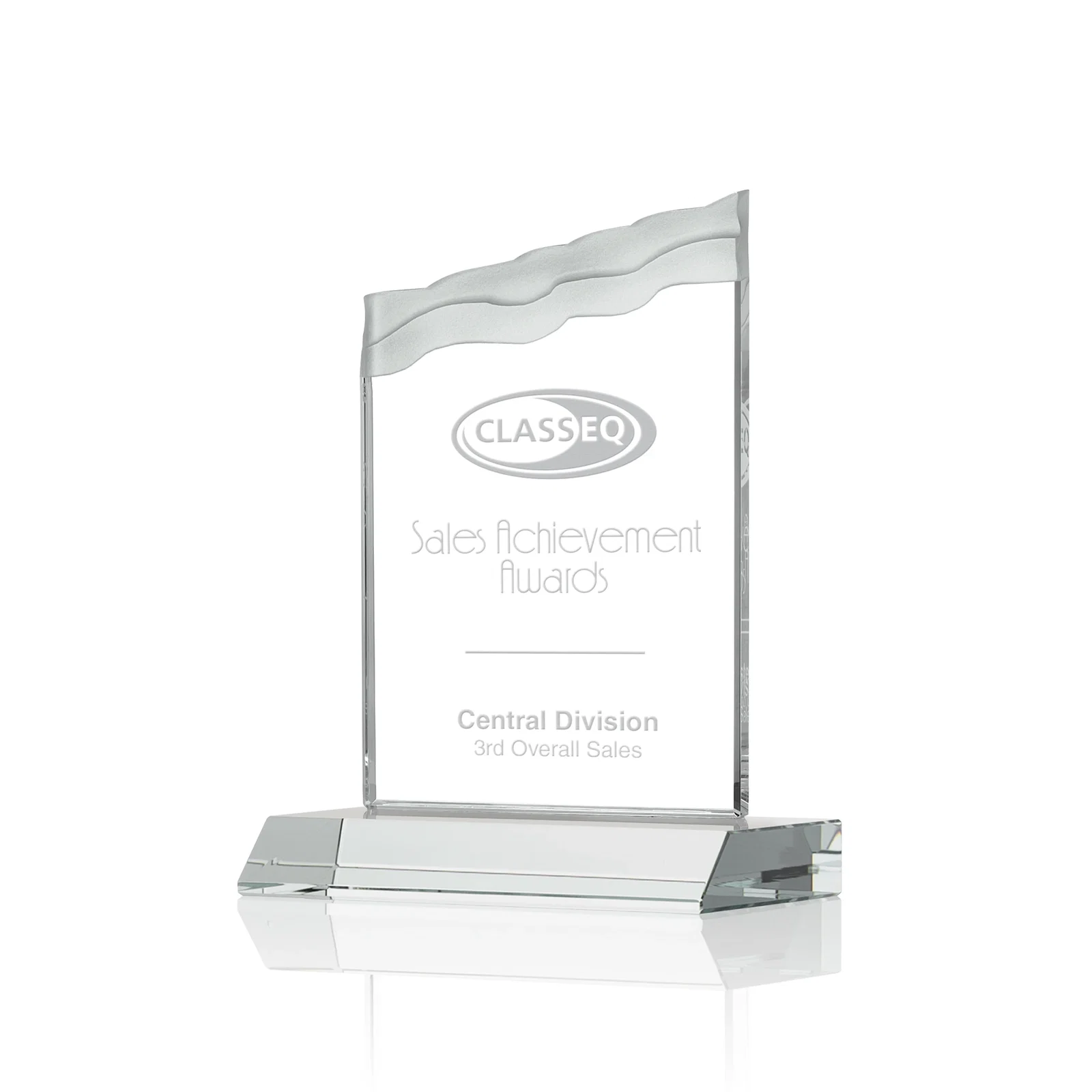 Custom Starfire Crystal Award with Carved Waterfall Top, Black Mitered Base, awards for team milestone celebrations