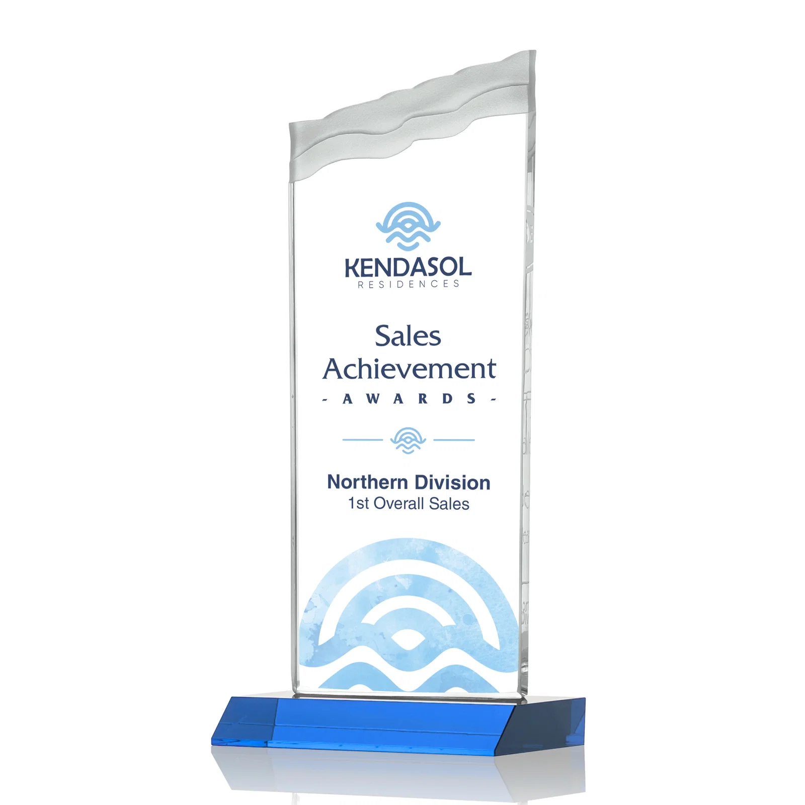 Custom printed Starfire Crystal Award with Carved Waterfall Top, Black Mitered Base, awards for company anniversary events