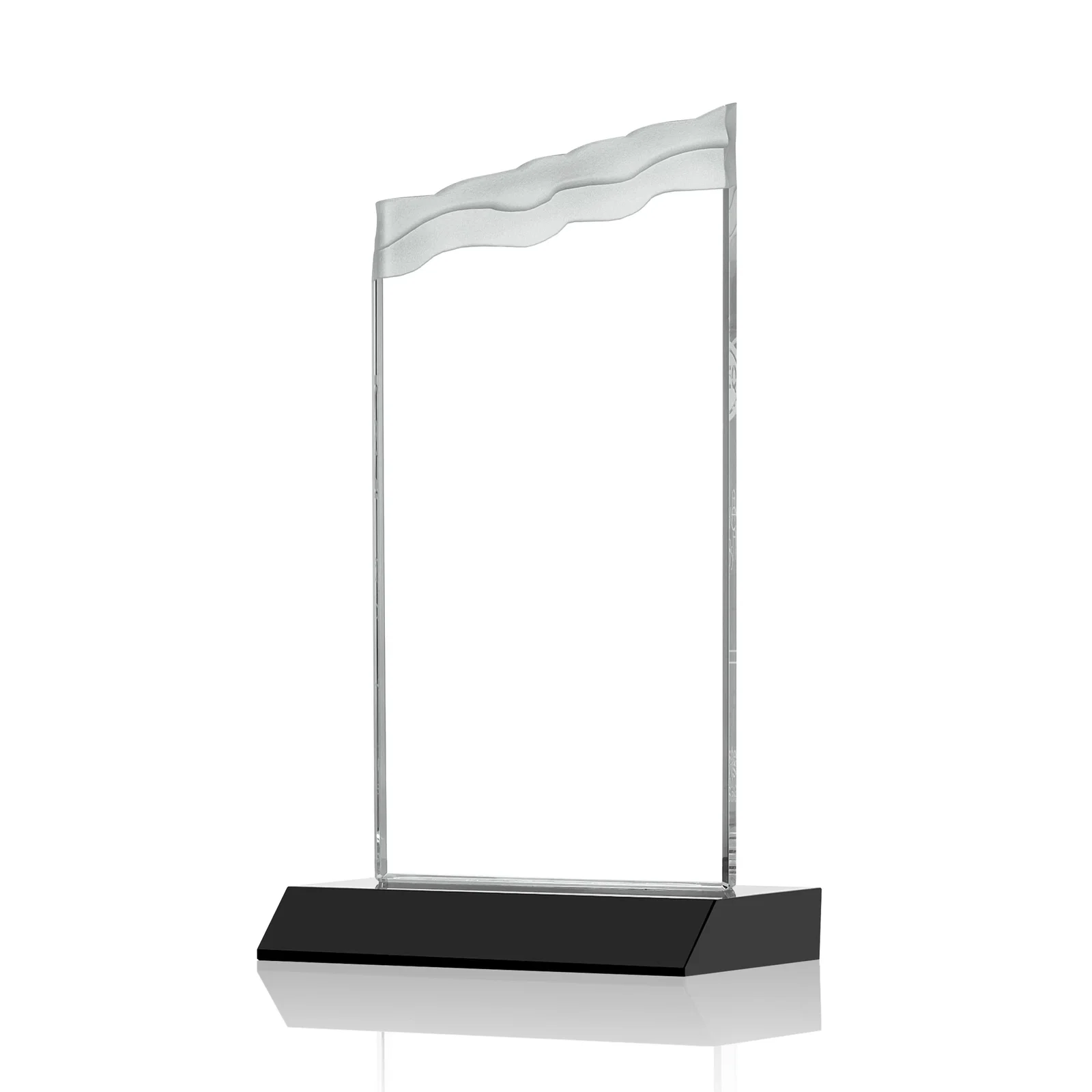 Customized Starfire Crystal Award with Carved Waterfall Top, Black Mitered Base, awards for team milestone celebrations