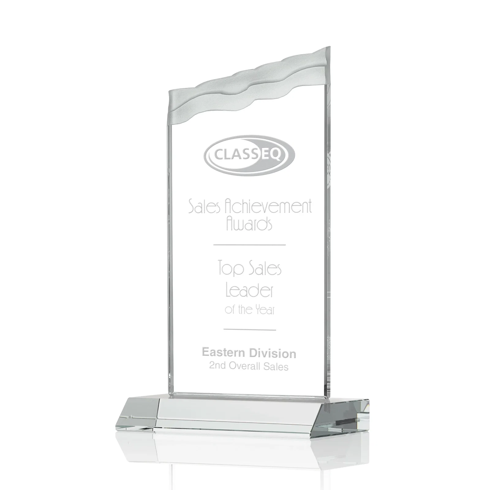 Custom Starfire Crystal Award with Carved Waterfall Top, Black Mitered Base, awards for donor appreciation