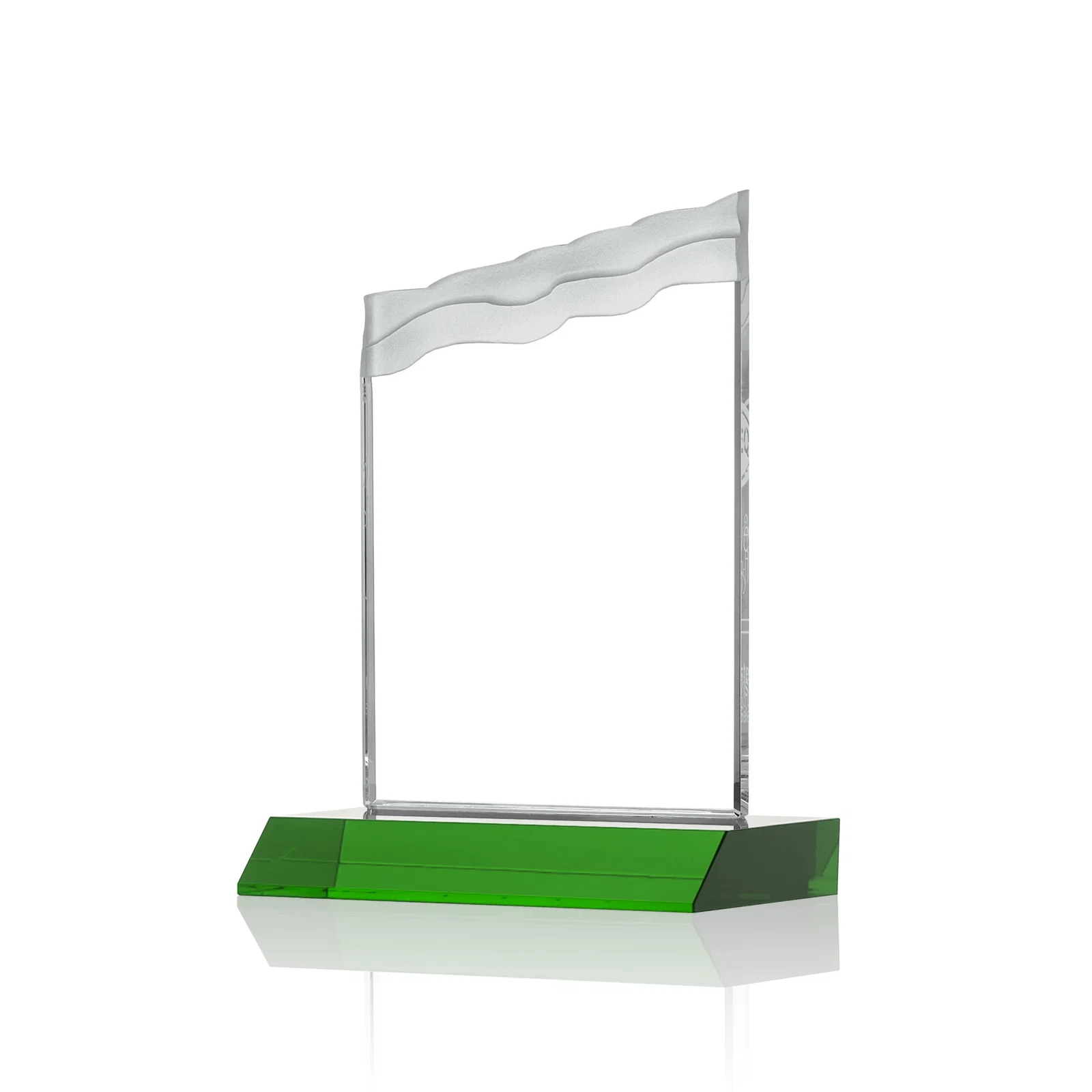 Custom engraved Starfire Crystal Award with Carved Waterfall Top, Black Mitered Base, awards for corporate award ceremonies