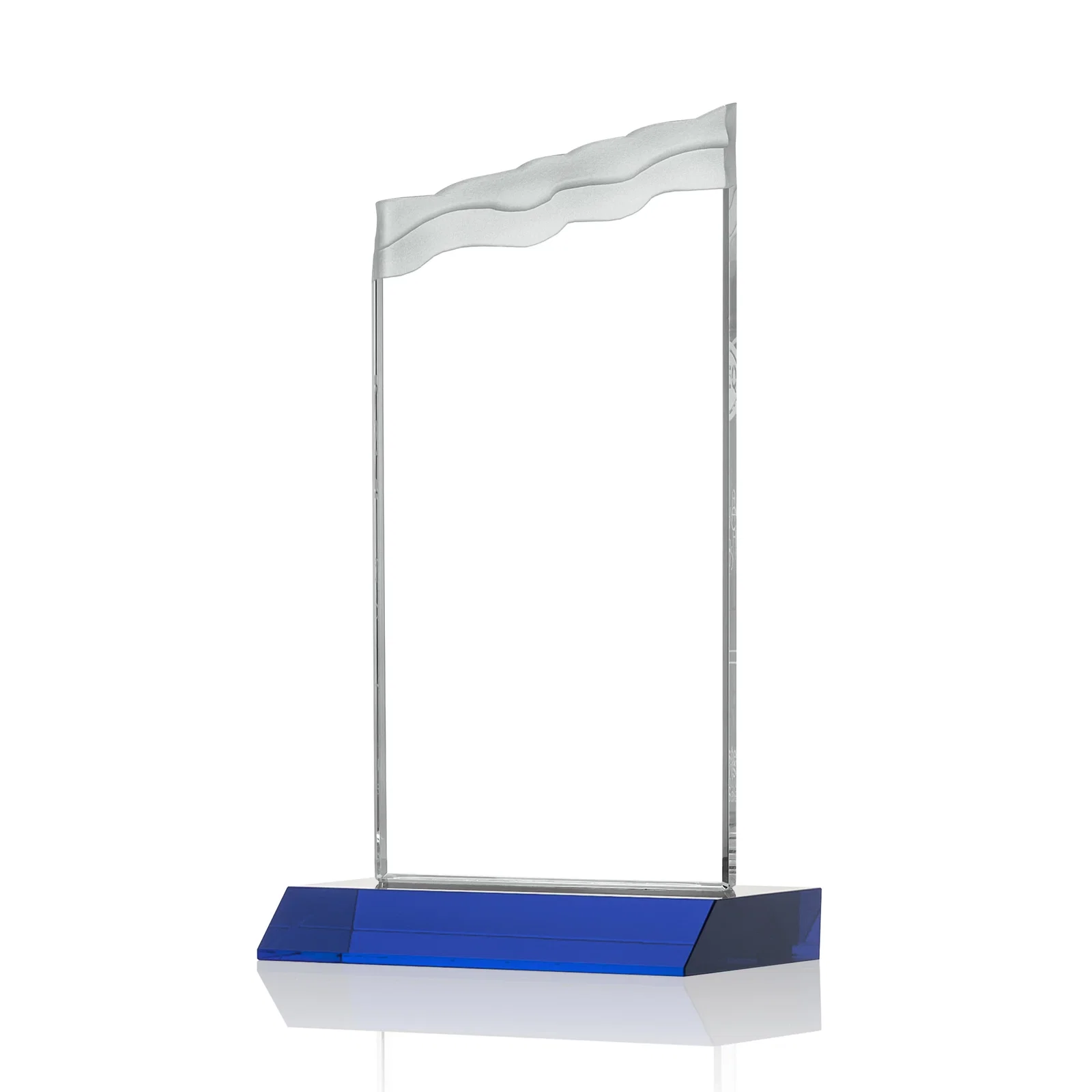Custom engraved Starfire Crystal Award with Carved Waterfall Top, Black Mitered Base, awards for team milestone celebrations
