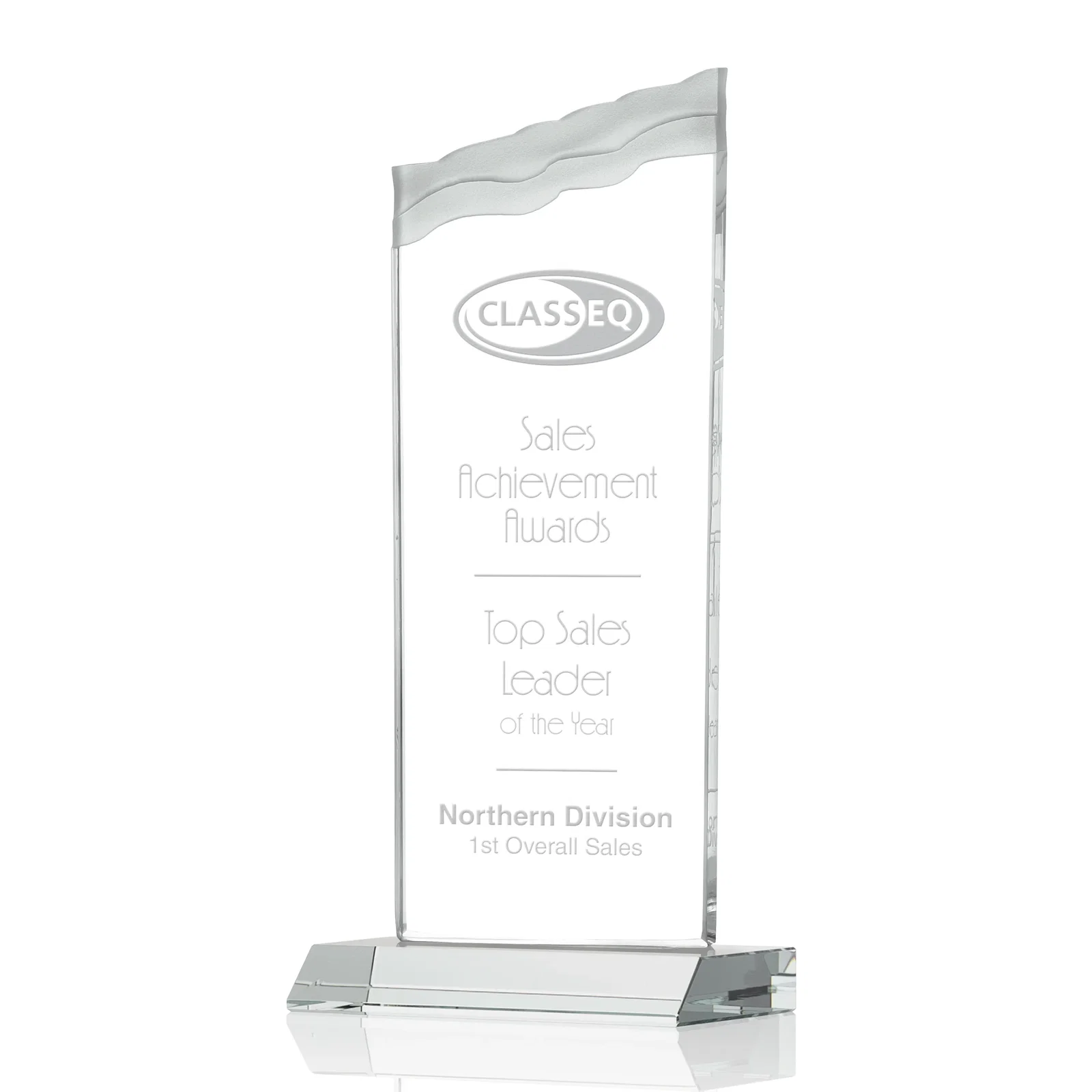 Custom Starfire Crystal Award with Carved Waterfall Top, Black Mitered Base, awards for graduation ceremonies