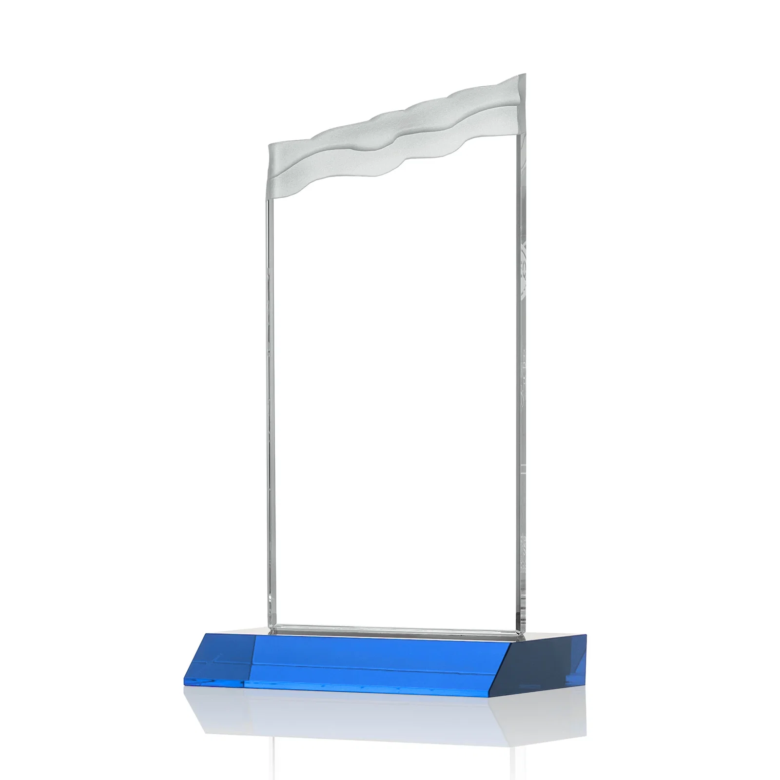 Custom engraved Starfire Crystal Award with Carved Waterfall Top, Black Mitered Base, awards for company anniversary events