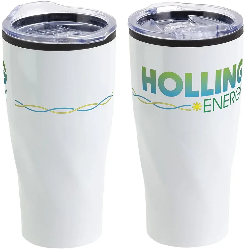 custom Oasis tumbler with lid off, branded 20 oz stainless steel interior
