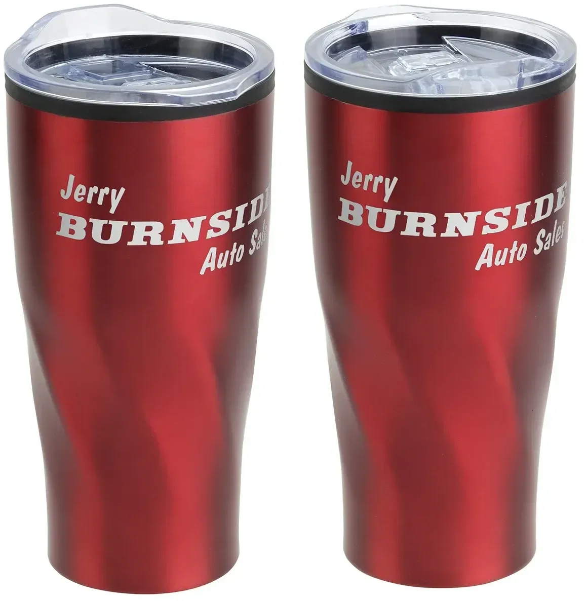 Oasis promotional stainless tumbler, side view showing tapered 20 oz body