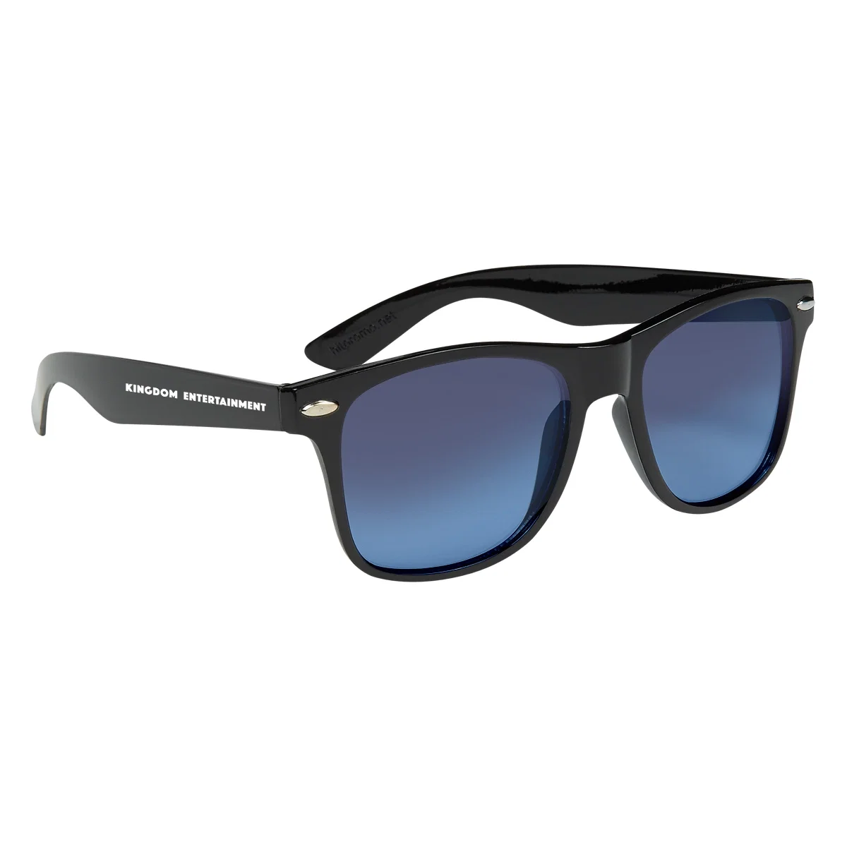 Black sunglasses fitted with blue gradient ocean lenses