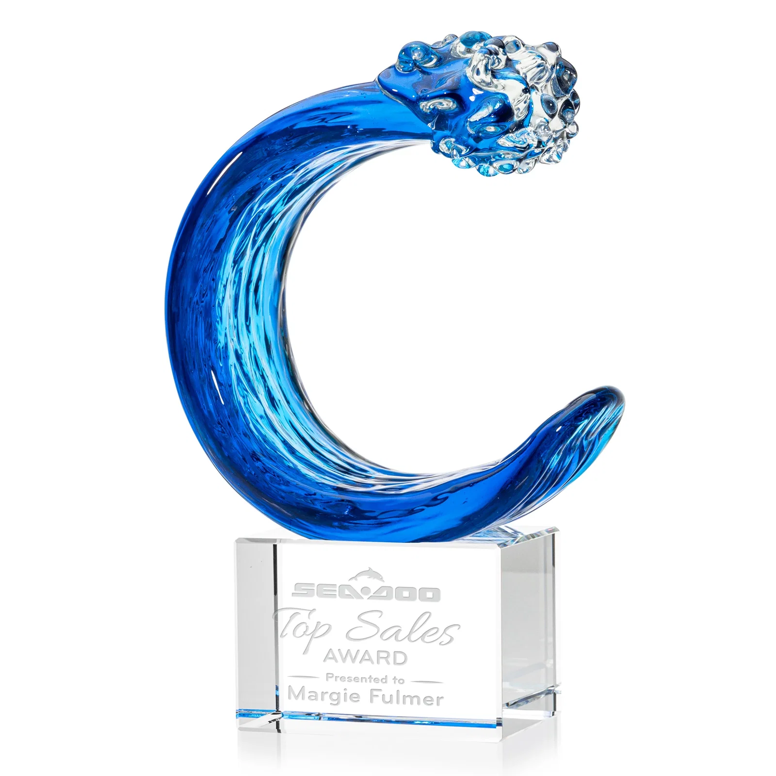 Custom Turquoise and Sapphire Glass Wave Award for sales achievement awards