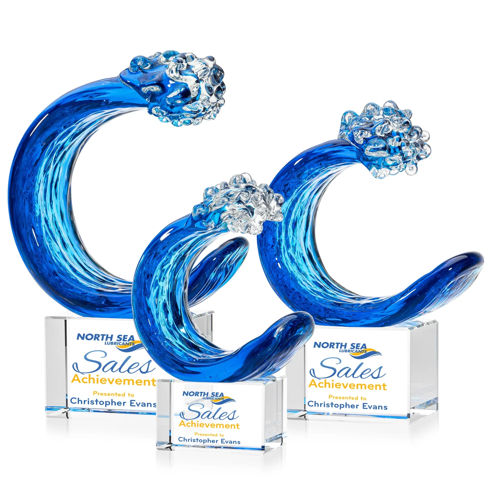 Custom Turquoise and Sapphire Glass Wave Award for retirement presentations