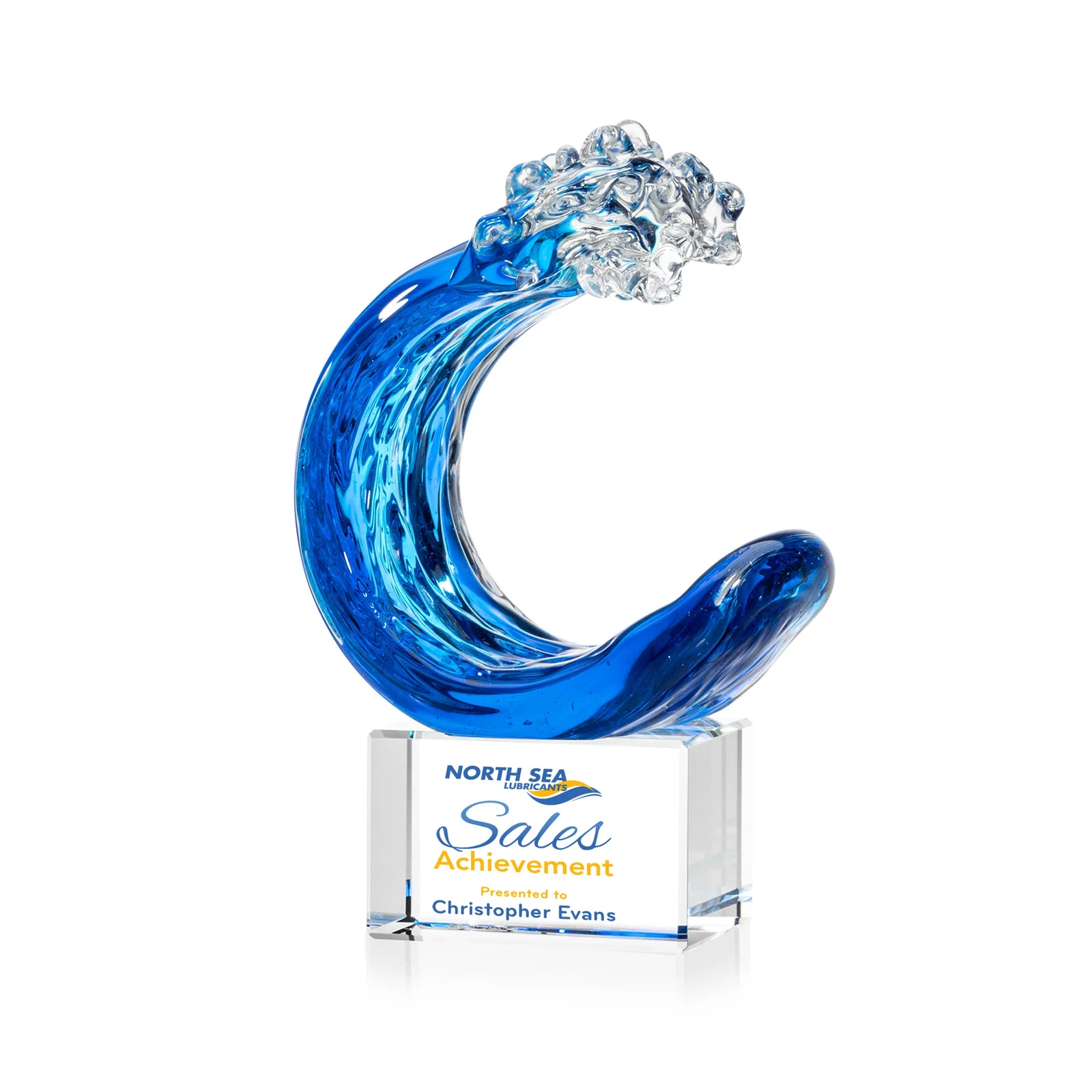 Custom Turquoise and Sapphire Glass Wave Award for team milestone celebrations