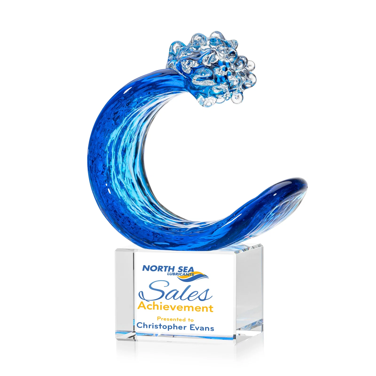 Custom Turquoise and Sapphire Glass Wave Award for donor appreciation