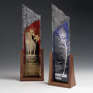 Cut Glass Peak Award With Stencil Texture on Walnut Base