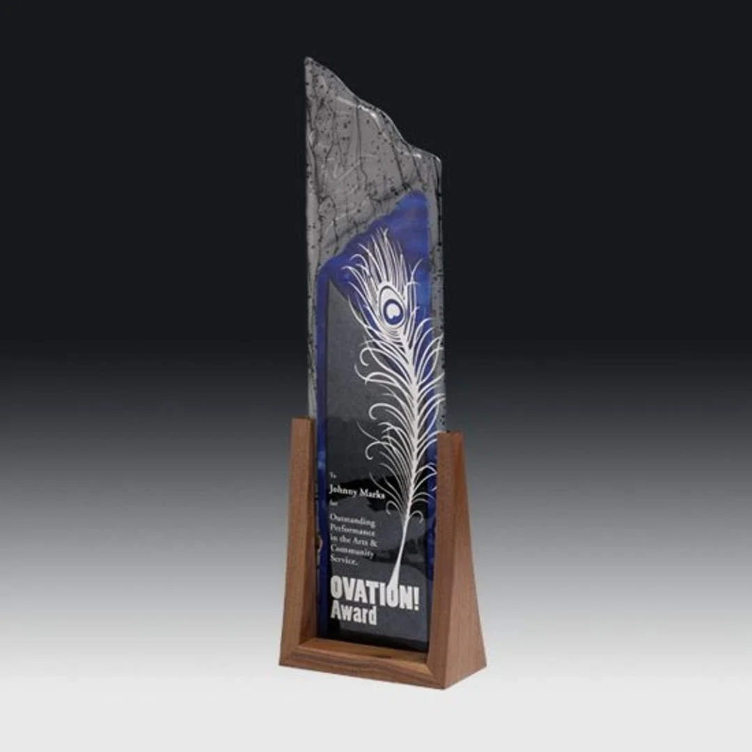 Custom Cut Glass Peak Award With Stencil Texture on Walnut Base for corporate award ceremonies