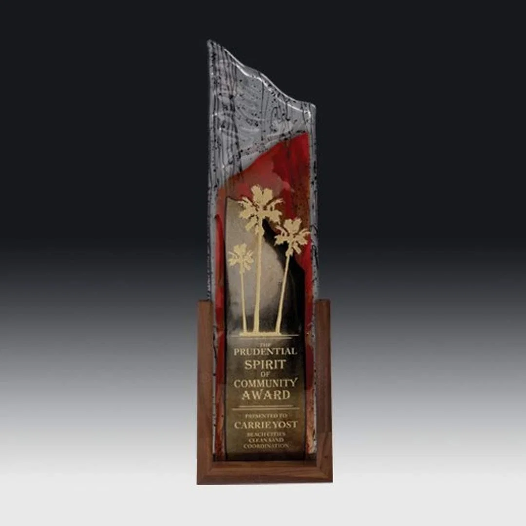 Custom Cut Glass Peak Award With Stencil Texture on Walnut Base for service anniversary gifts