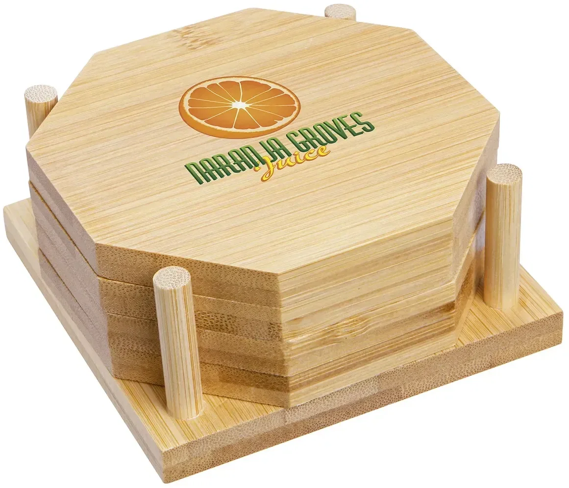 Octagon Bamboo 4-Piece Coaster Set, custom branded bamboo coasters in a holder, front view