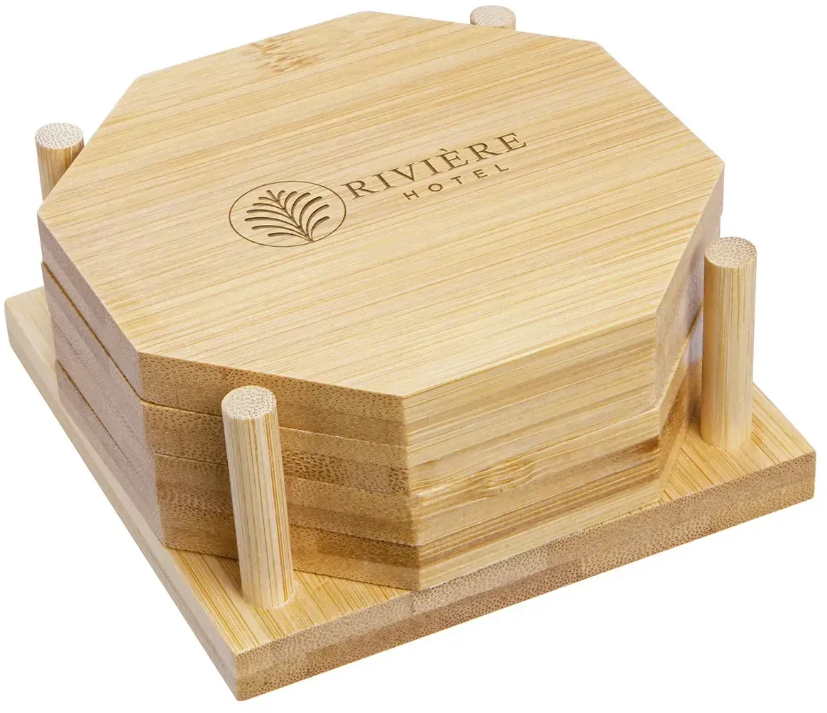 Custom Octagon bamboo coaster set stacked in matching holder, branded home giveaway