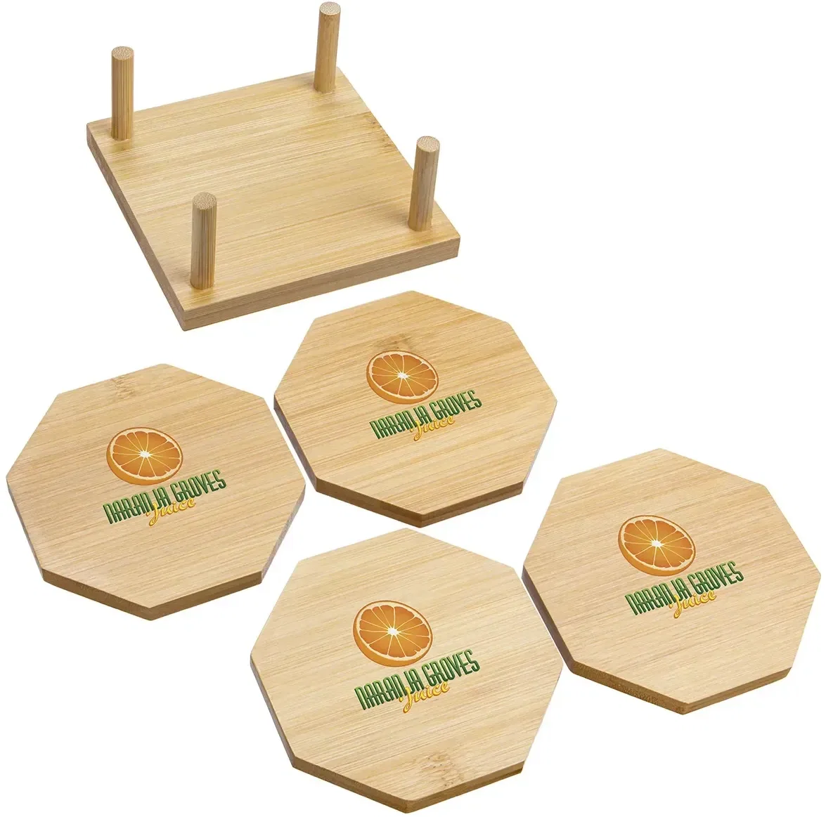Branded Octagon bamboo coaster with a drink on top, promotional hospitality giveaway