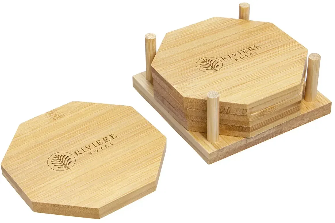 Promotional Octagon bamboo coaster, close-up of wood grain and logo imprint area