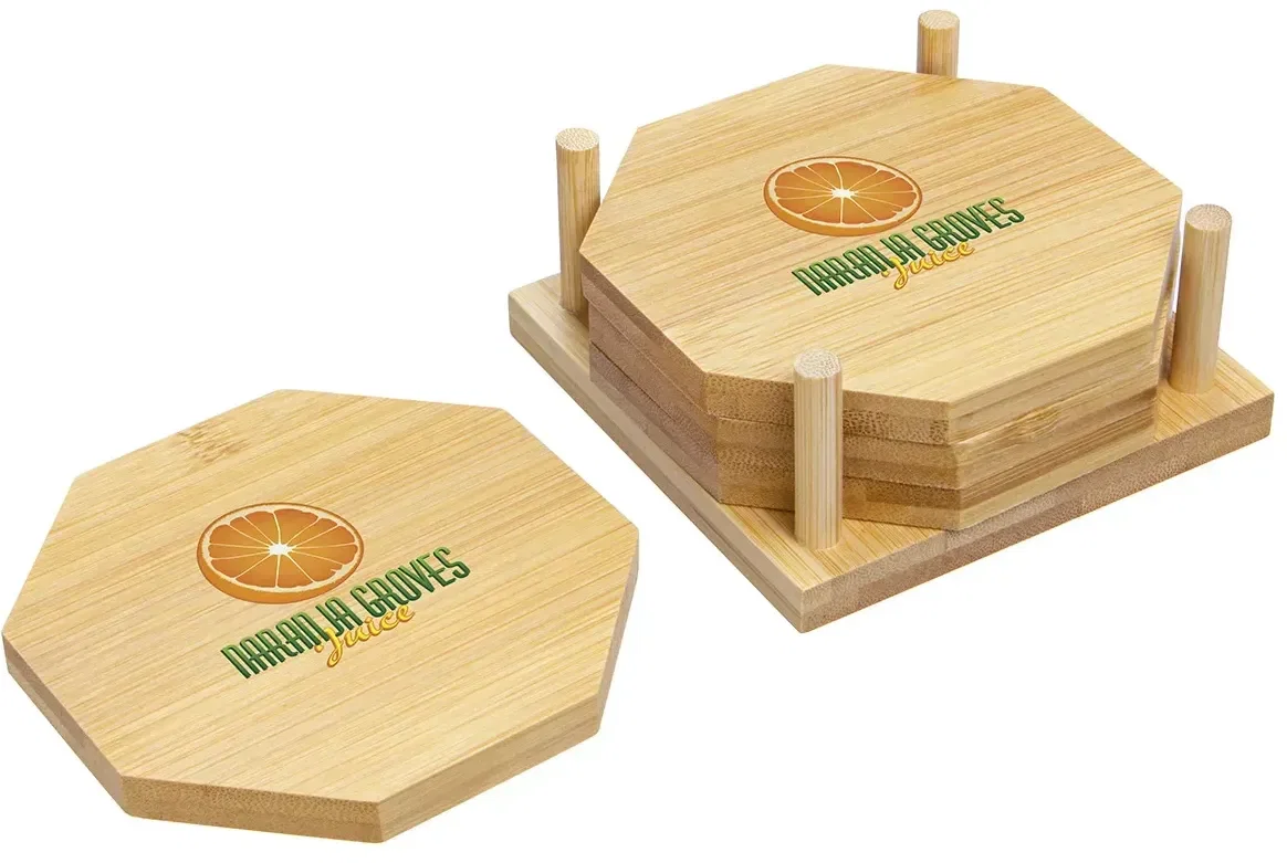 Branded Octagon bamboo coaster holder side view, custom home giveaway