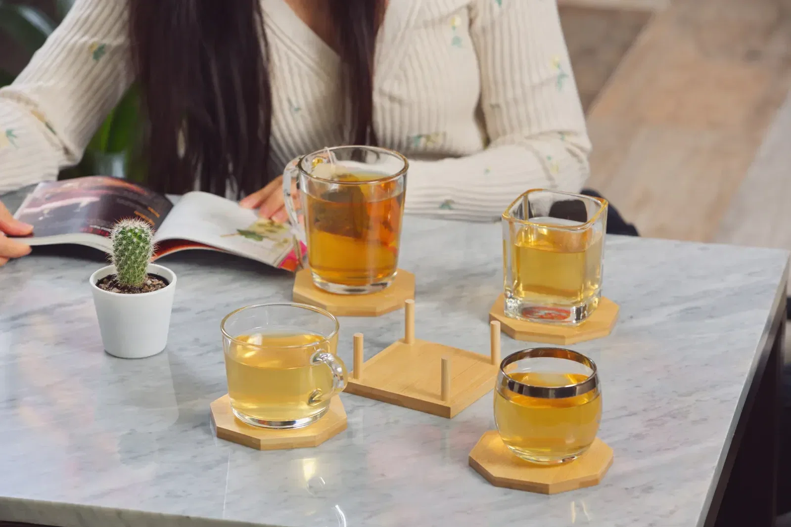 Promotional Octagon bamboo coaster set top view of four coasters, branded giveaway