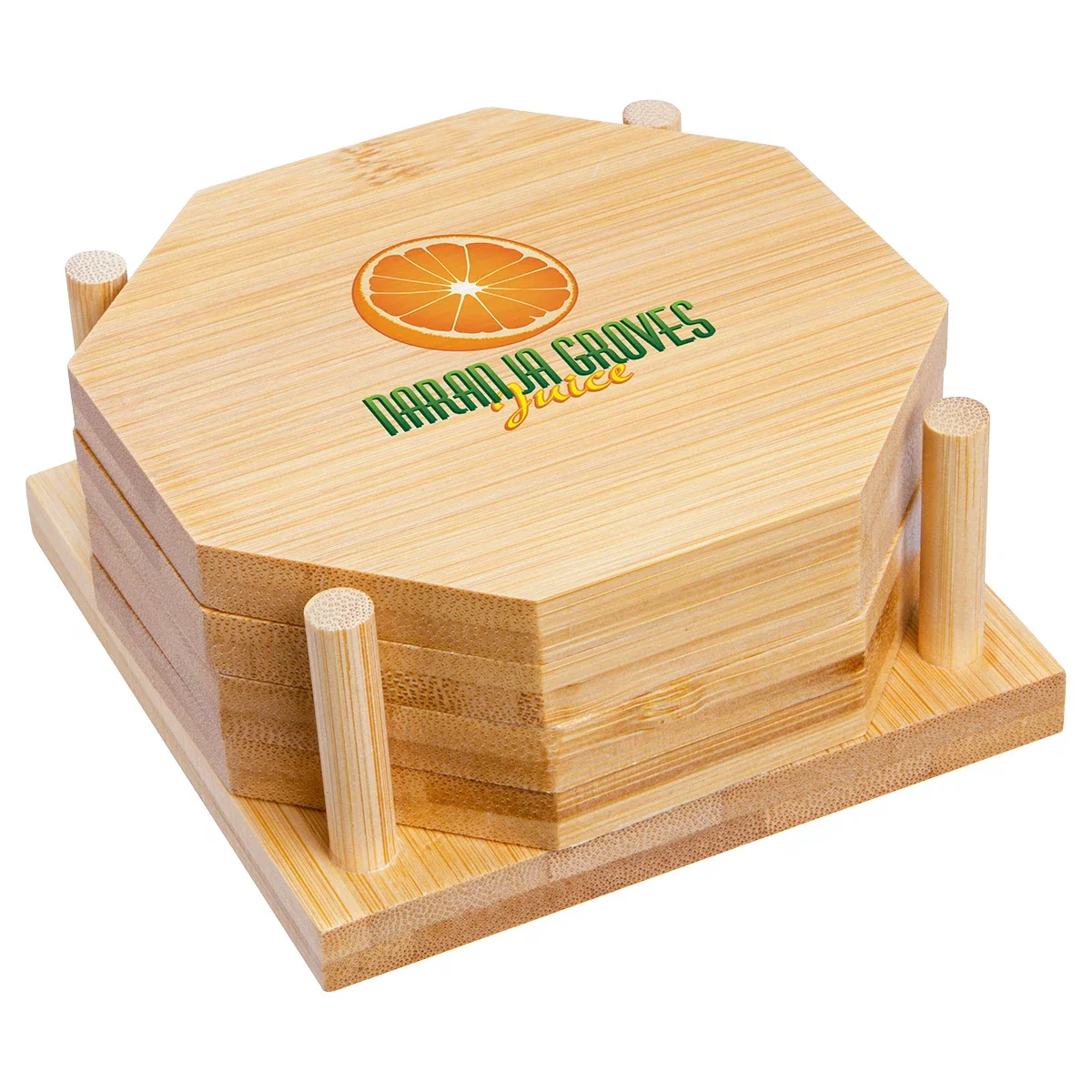 Custom Octagon bamboo coaster set shown in packaging, branded hospitality giveaway