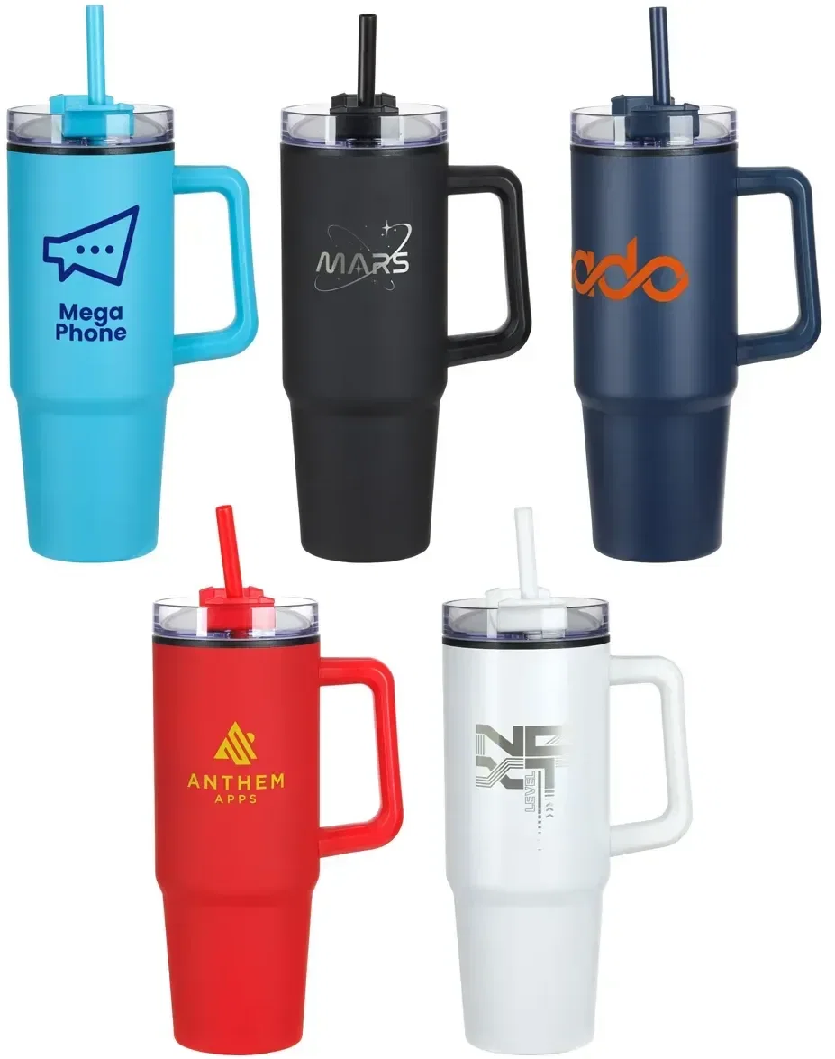 Octava 30 oz Swivel-Lid Steel Mug, branded travel tumbler with handle, front view