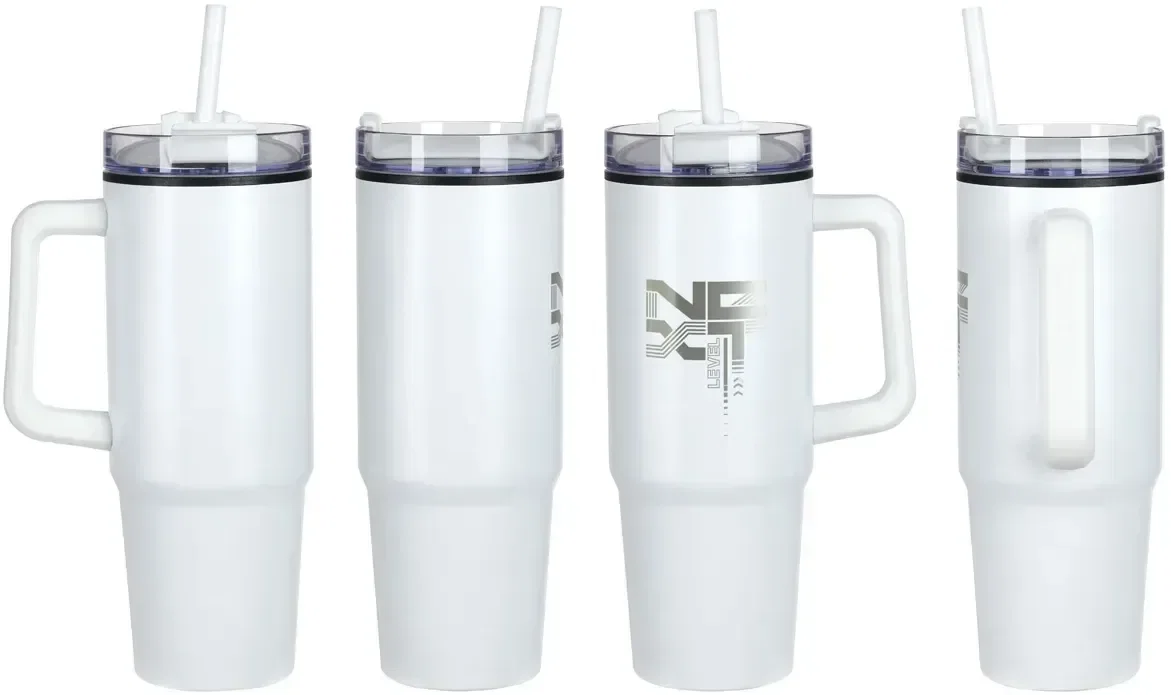 Custom Octava steel travel mug showing swivel lid, top detail