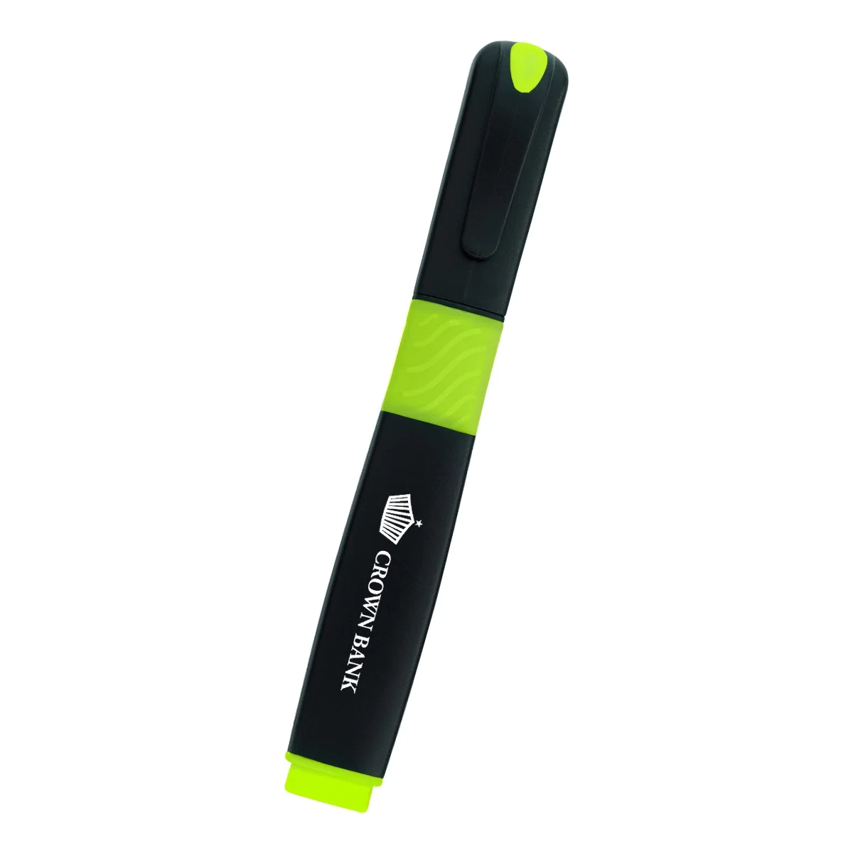 Five inch highlighter pen with a black barrel and colored trim