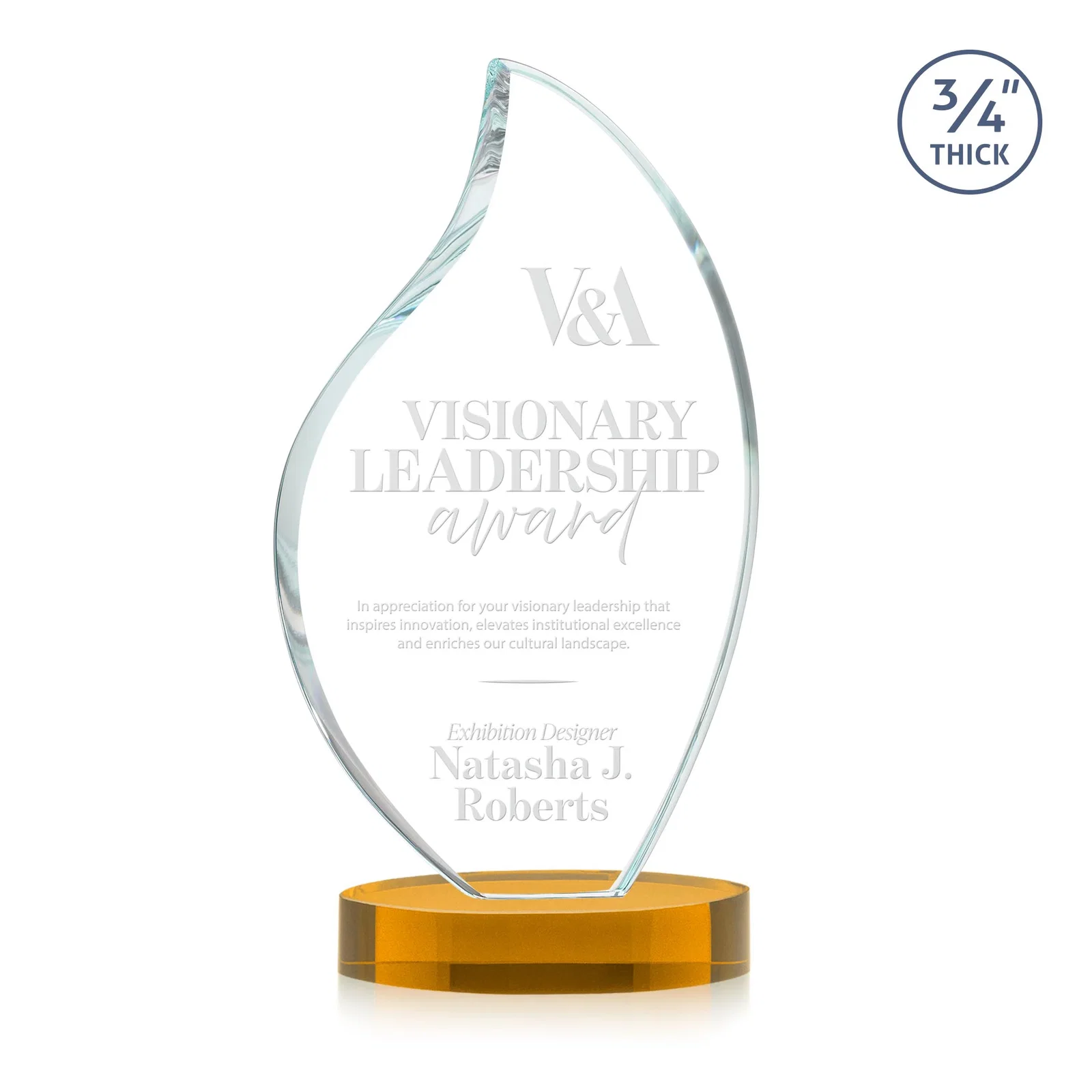 Promotional Rounded-Edge Starfire Crystal Flame Award for retirement presentations