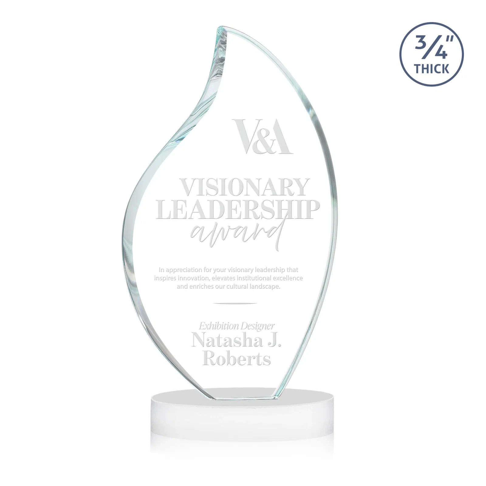 Custom printed Rounded-Edge Starfire Crystal Flame Award for employee recognition
