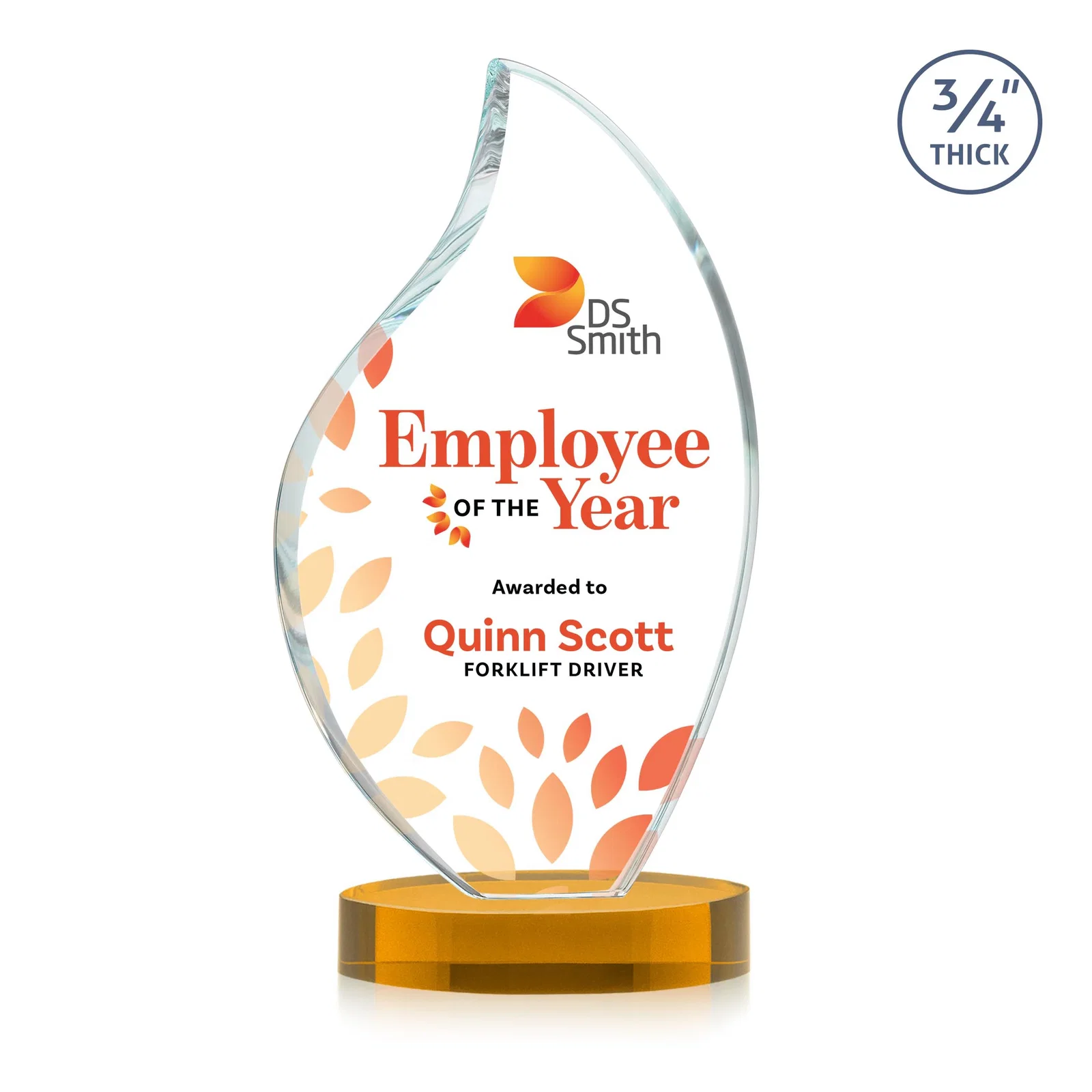 Custom printed Rounded-Edge Starfire Crystal Flame Award for retirement presentations