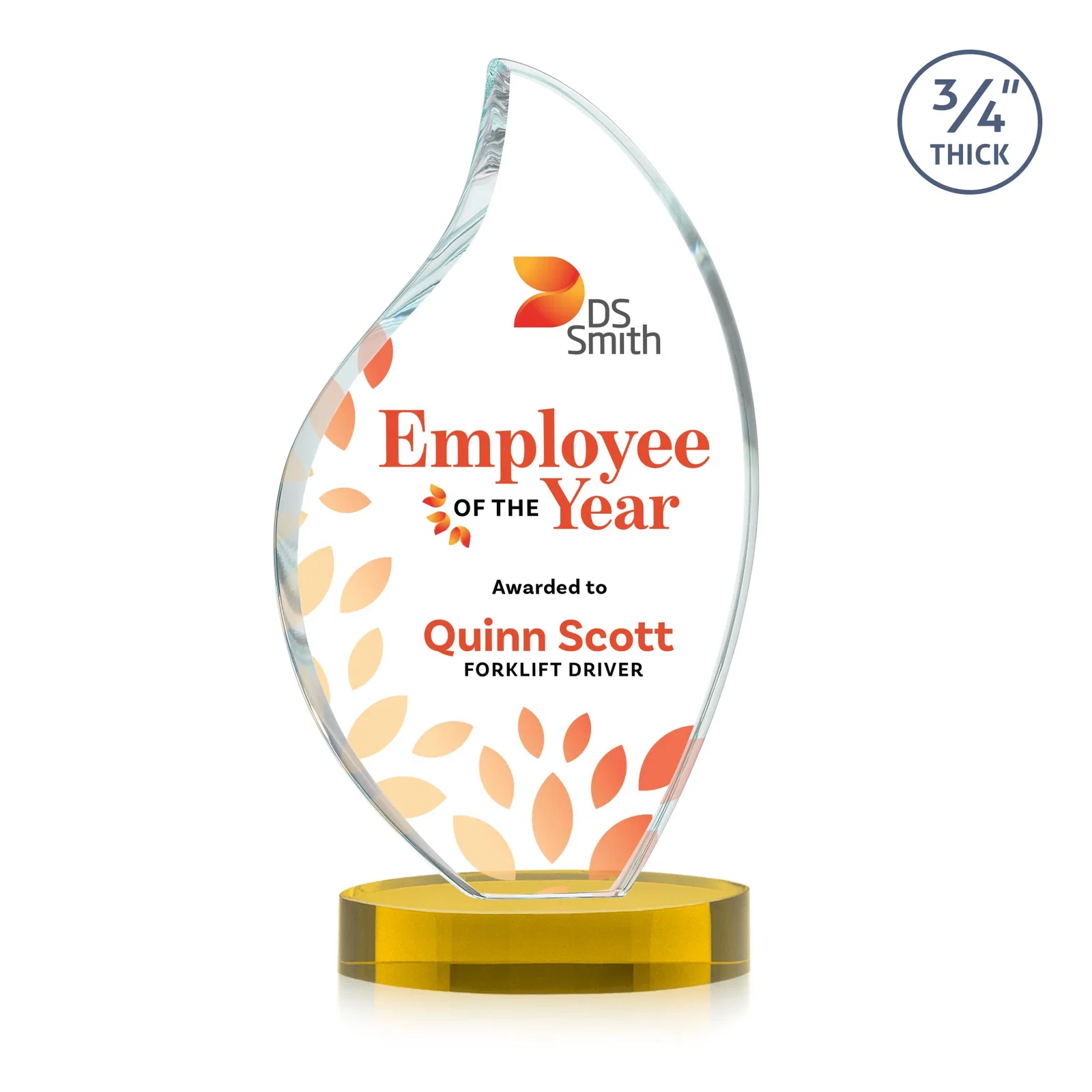 Custom printed Rounded-Edge Starfire Crystal Flame Award for safety achievement programs