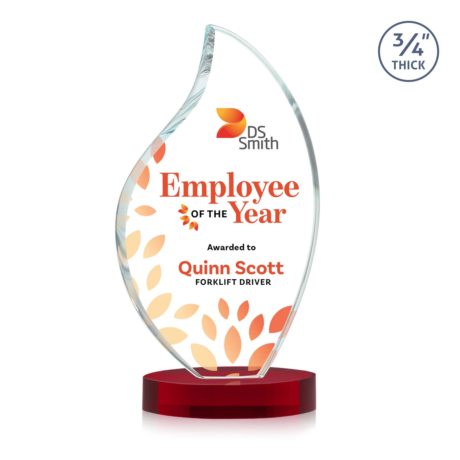 Customized Rounded-Edge Starfire Crystal Flame Award for retirement presentations