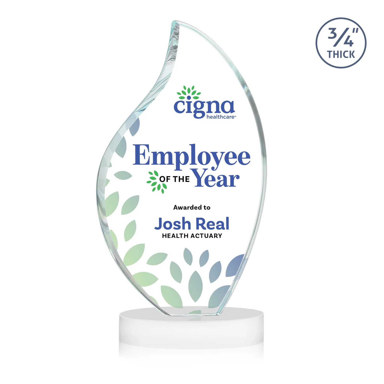 Custom engraved Rounded-Edge Starfire Crystal Flame Award for employee recognition