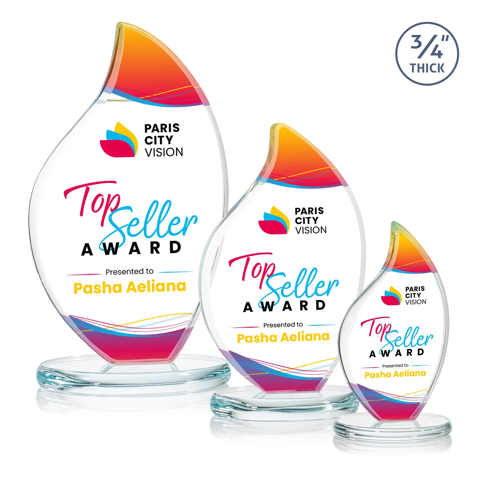 Custom Starfire Crystal Flame Award With Rounded Edges on an Oval Base for volunteer appreciation
