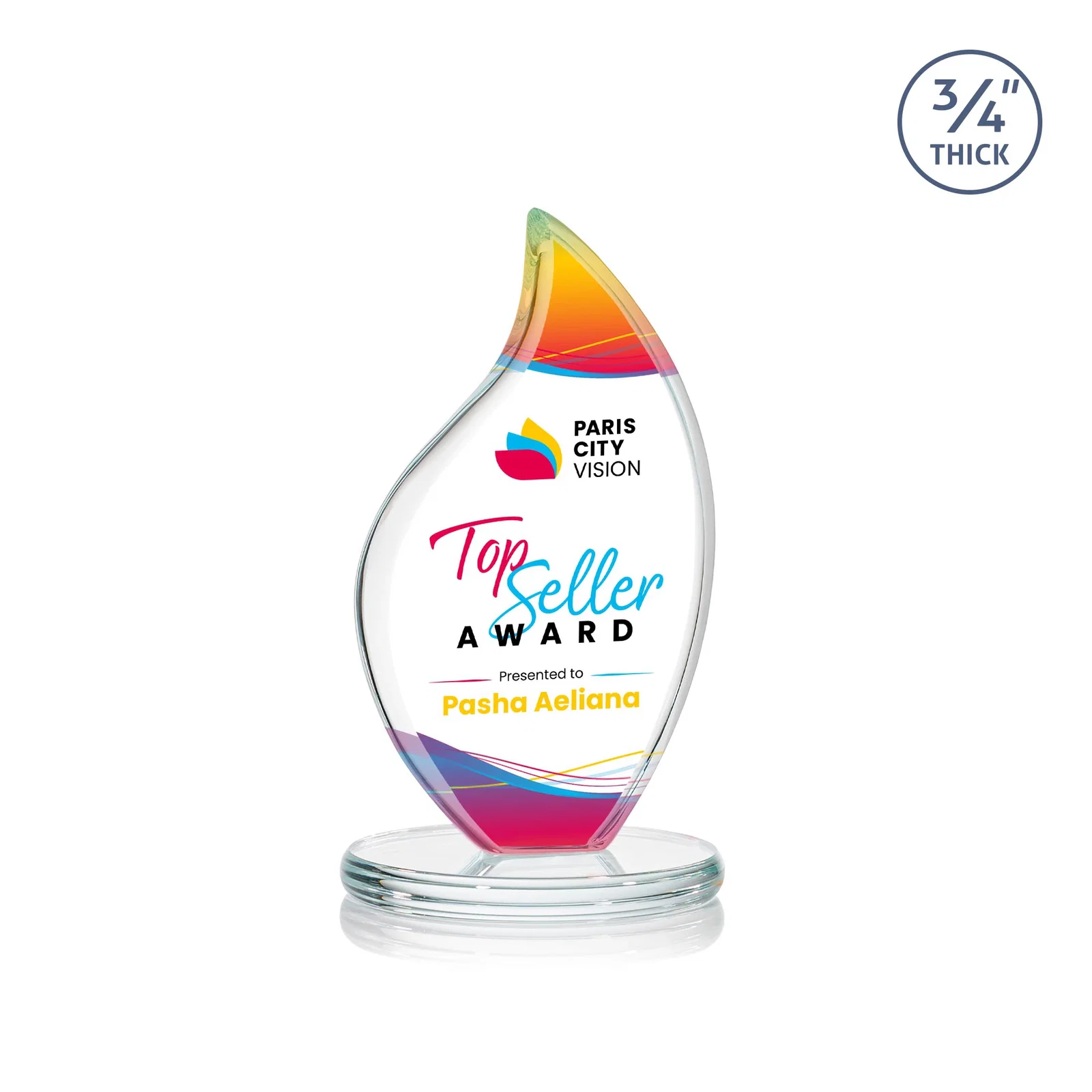 Custom Starfire Crystal Flame Award With Rounded Edges on an Oval Base for dealer and partner awards