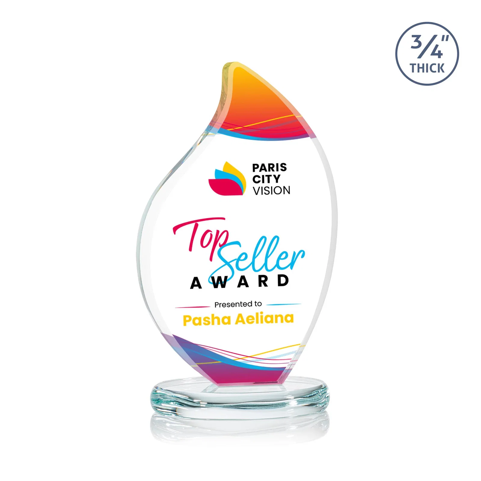 Custom Starfire Crystal Flame Award With Rounded Edges on an Oval Base for company anniversary events